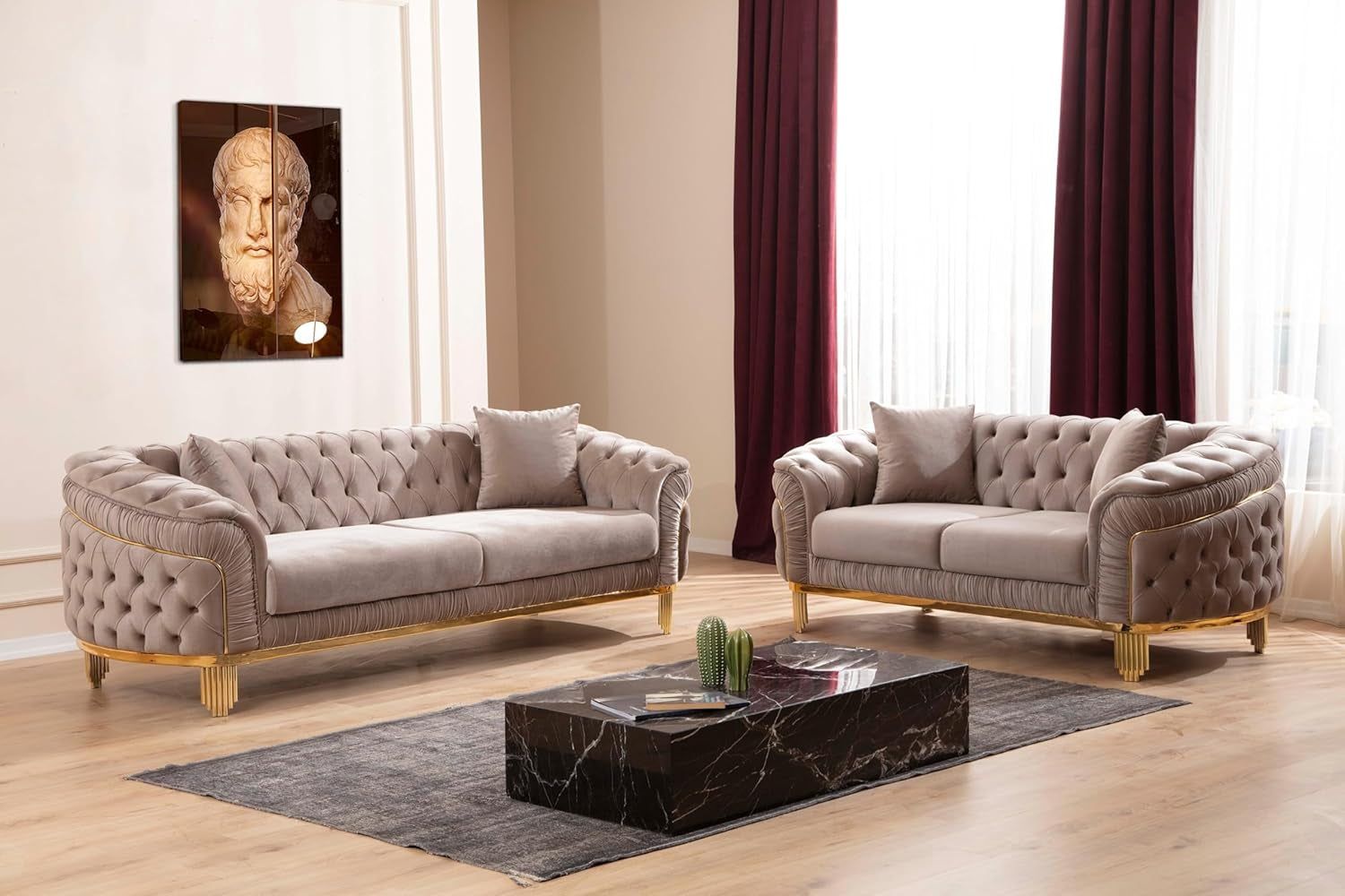 Vanessa Modern Style 2Piece Livingroom Set(Includes Sofa+Loveseat) Made of Wood with Button Tufted Surface in Taupe Color