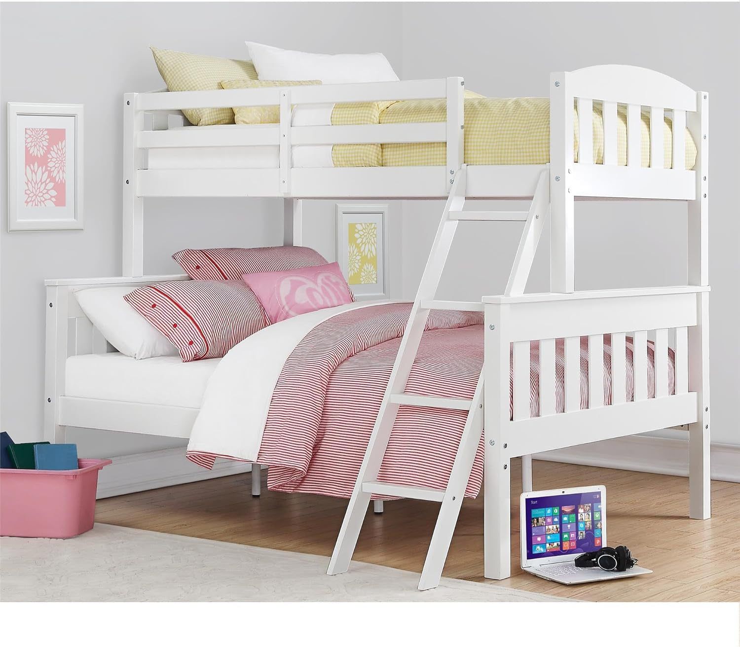 Airlie Twin over Full Bunk Bed, White, Wood Construction, Converts to Twin/Full, 4-Step Ladder, Guard Rails