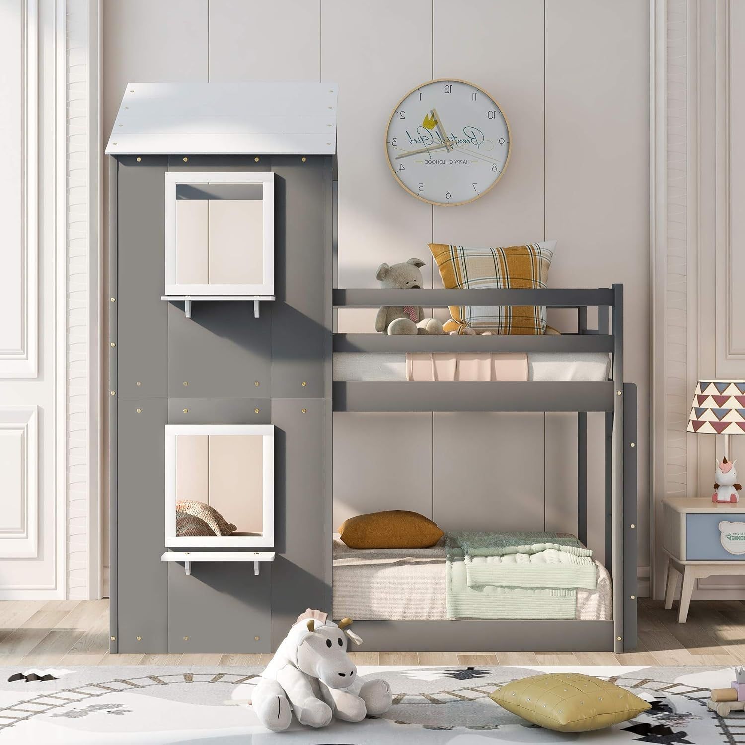 Twin Bunk Beds with House Shape, House Bunk Bed with Roof, Window &amp; Ladders, Twin over Twin Bunk Bed for Kids Girls Boys Teens (Grey)