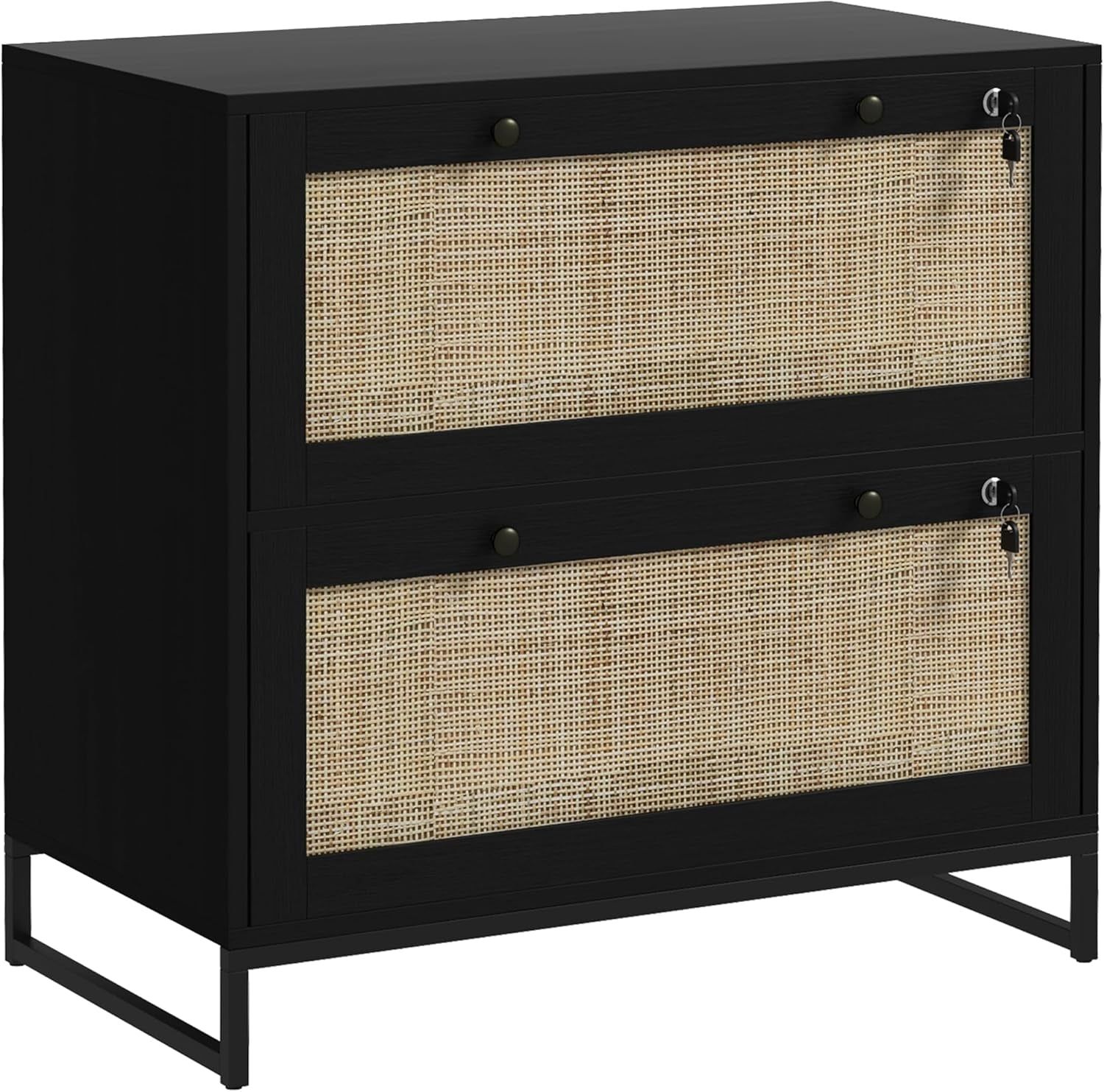 2 Rattan Drawer File Cabinet with Lock, Lateral Filing Cabinet with Adjustable Hanging Bar for Letter, A4 and Legal Size Files, Printer Stand for Home Office, Black