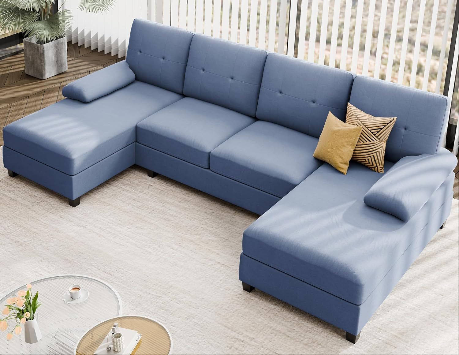 Sectional Sofa Couches for Living Room, U Shaped Sofa Living Room Furniture Sets, 4 Seat U Shaped Sofa Sectional Couch with Chaise, Blue