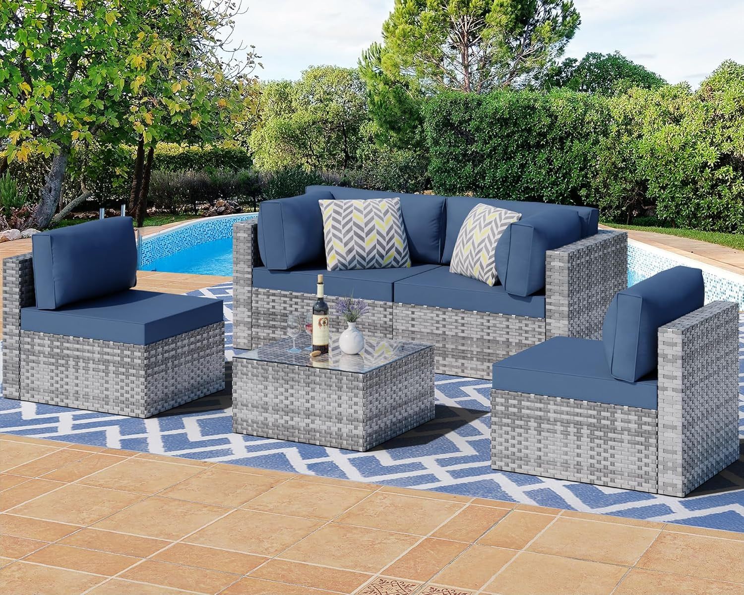 5 Pieces Outdoor Patio Sectional Sofa Couch, Silver Gray PE Wicker Furniture Conversation Sets with Washable Cushions &amp; Glass Coffee Table for Garden, Poolside, Backyard (Aegean Blue)