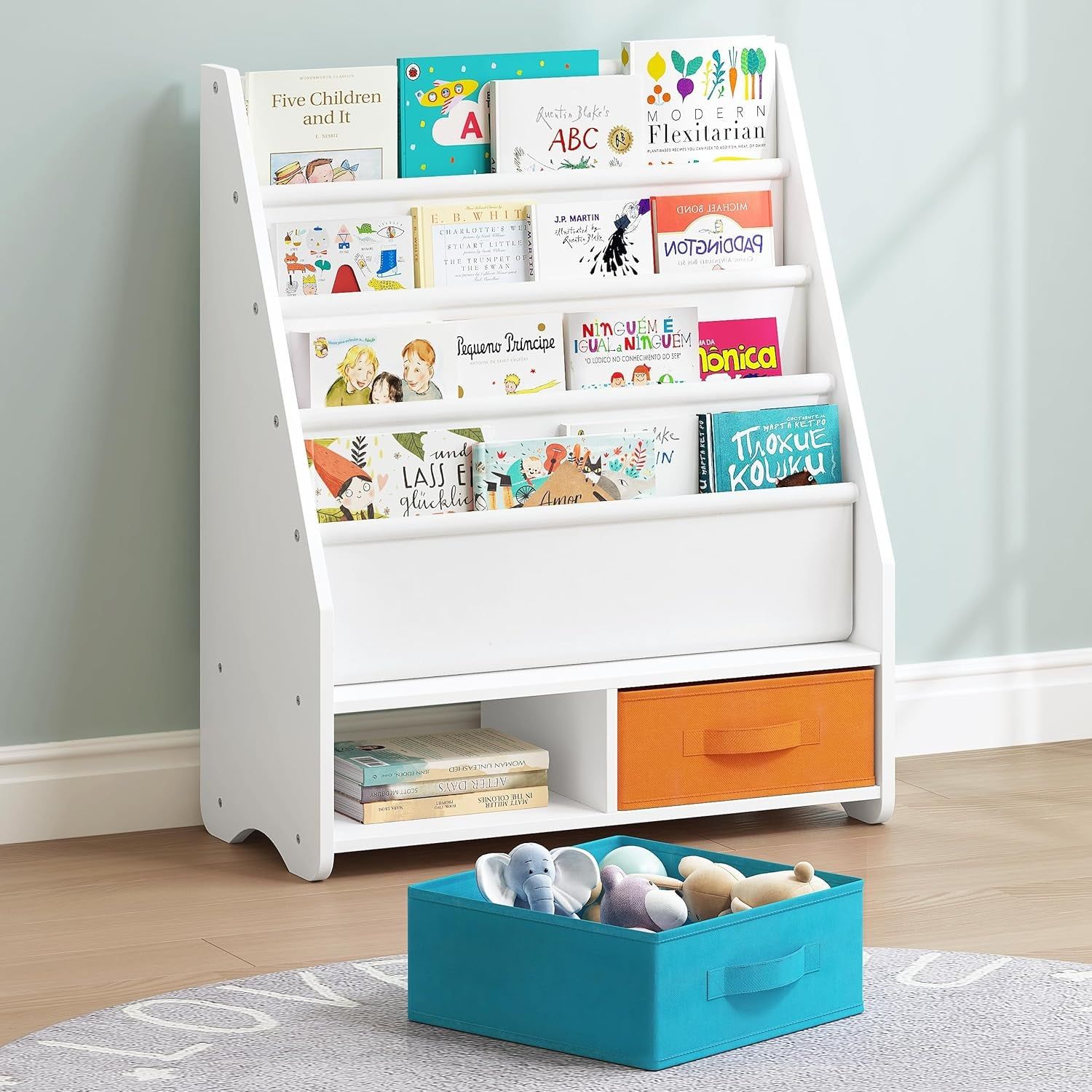 Kids Bookshelf with Storage Bins, Book Shelf for Kids Rooms, 4-Tier Toddler Sling Bookshelf for Nursery, Living Room, Bedroom, White