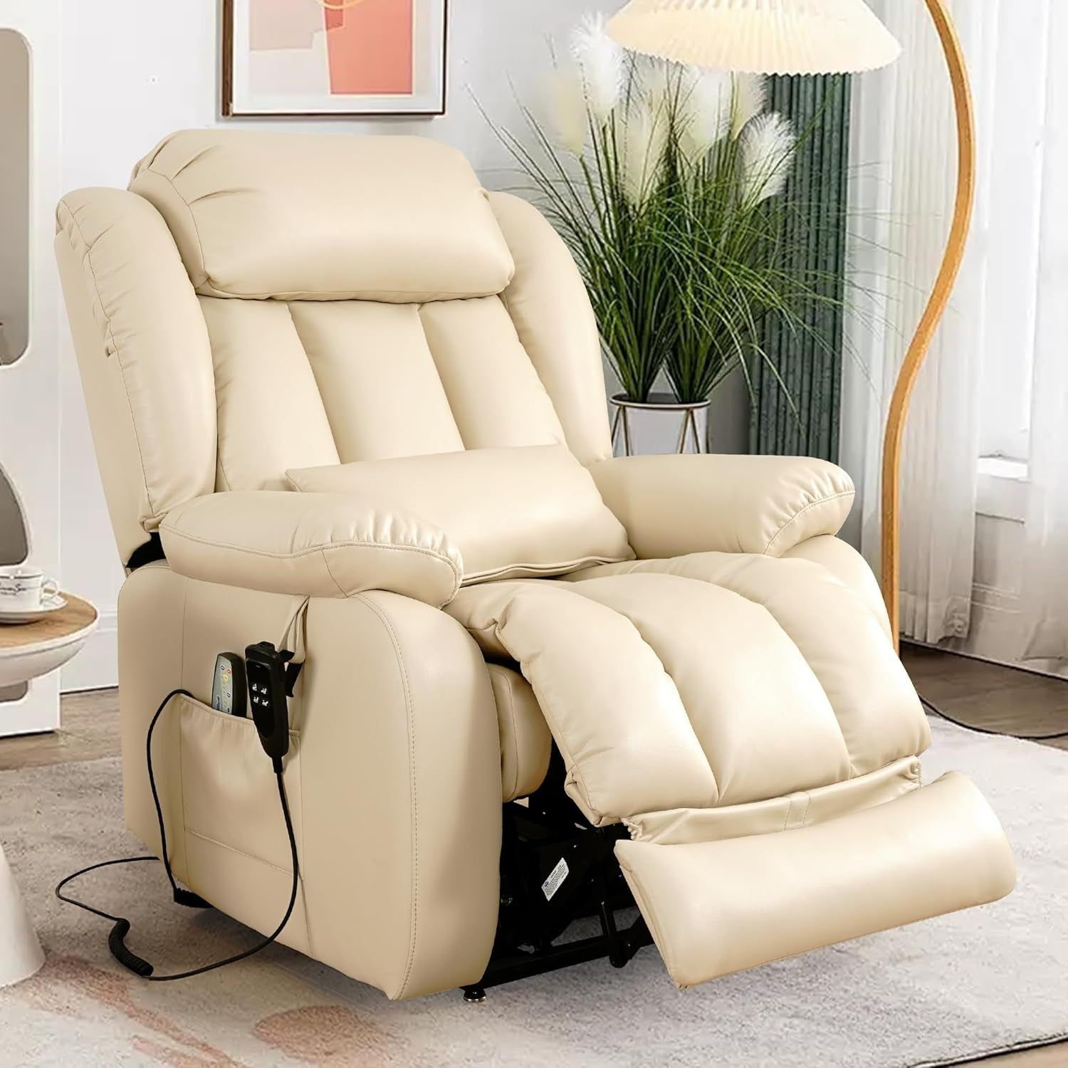 Large Reclining Lift Chair, Dual Motor Massage Chair, Genuine Leather Recliner with Heating and Massage for Seniors, with Double Lumbar Cushion and Extended Footrest, USB Port(Beige)