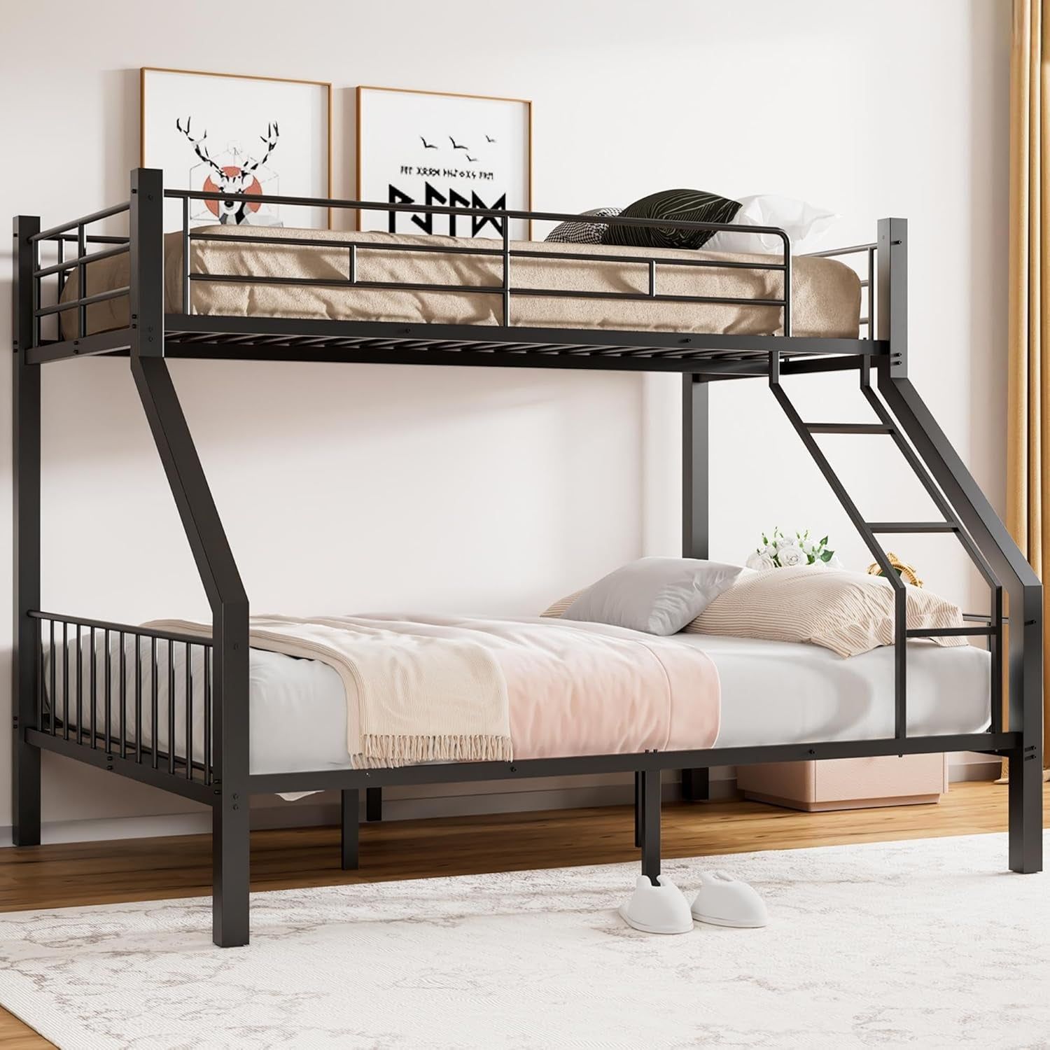 Twin XL over Queen Bunk Bed, Heavy Duty Bunk Bed with Safety Ladder and Full-Length Guardrails, Metal Queen Bed Frame with Slats Support for Adults, Teens, Kids, Black