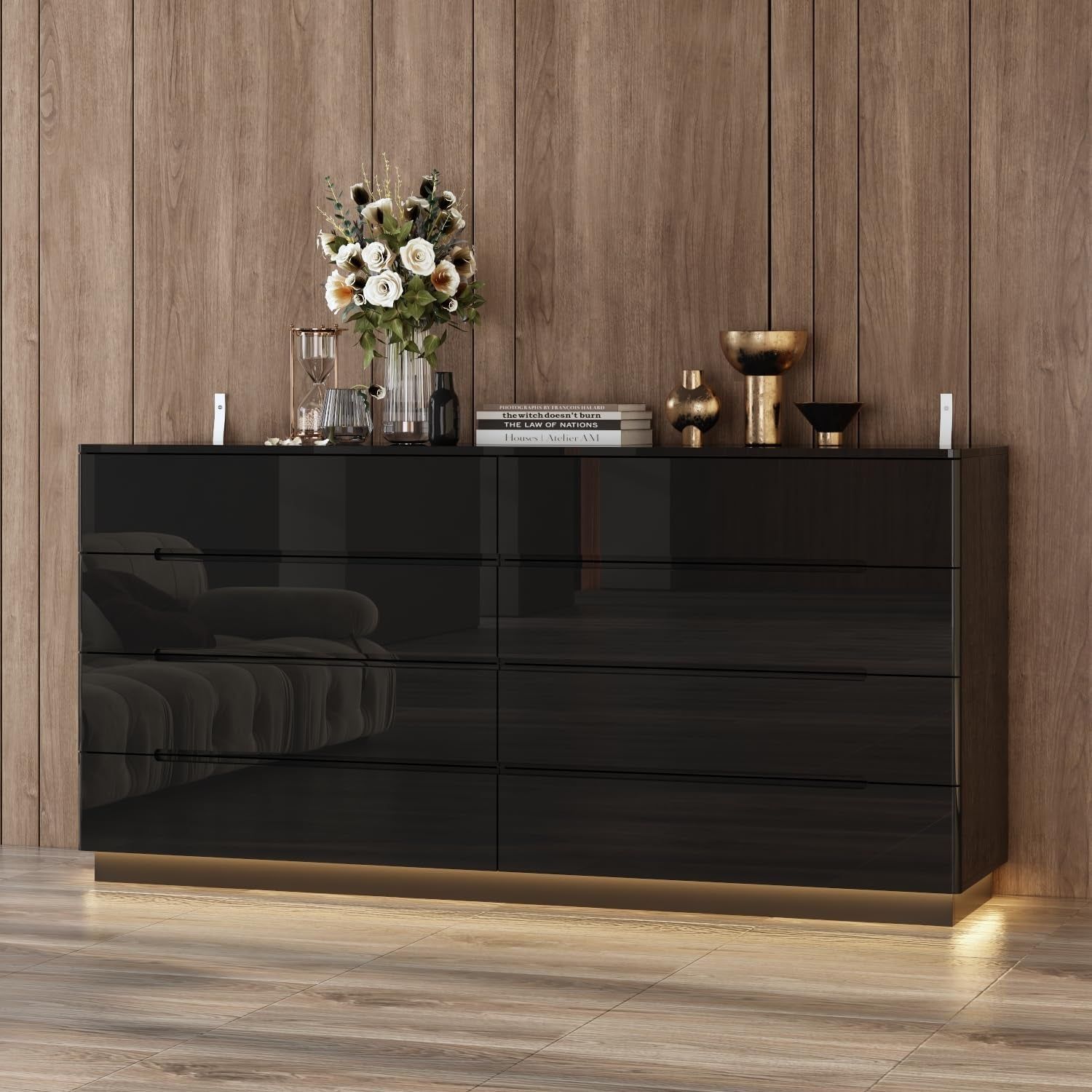 Black Drawer Dresser with LED Light, Modern High Gloss Dresser with 8 Drawers, 63&quot; Long Dresser Double Dresser Storage Chest of Drawer for Bedroom, Living Room, Entryway