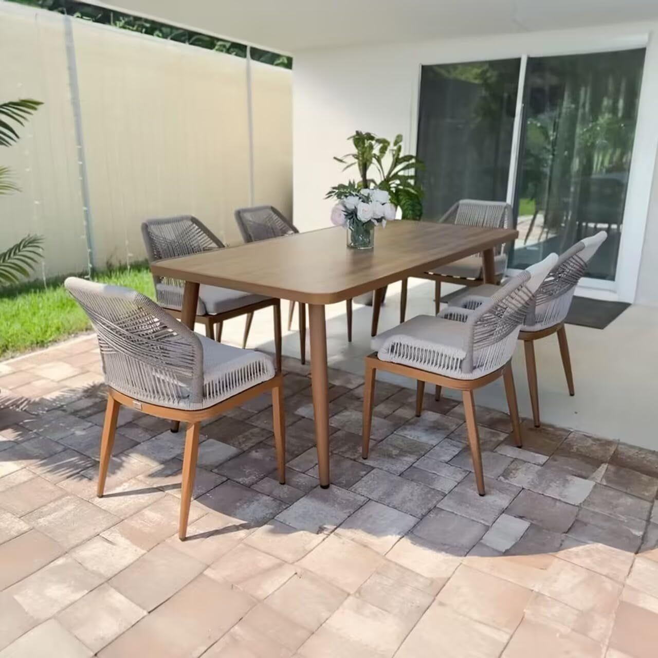 7 Pieces Dining Set Patio Metal Rectangular Table and Wicker Rattan Chairs for outside Porch Garden Kitchen Modern Outdoor Furniture Sets