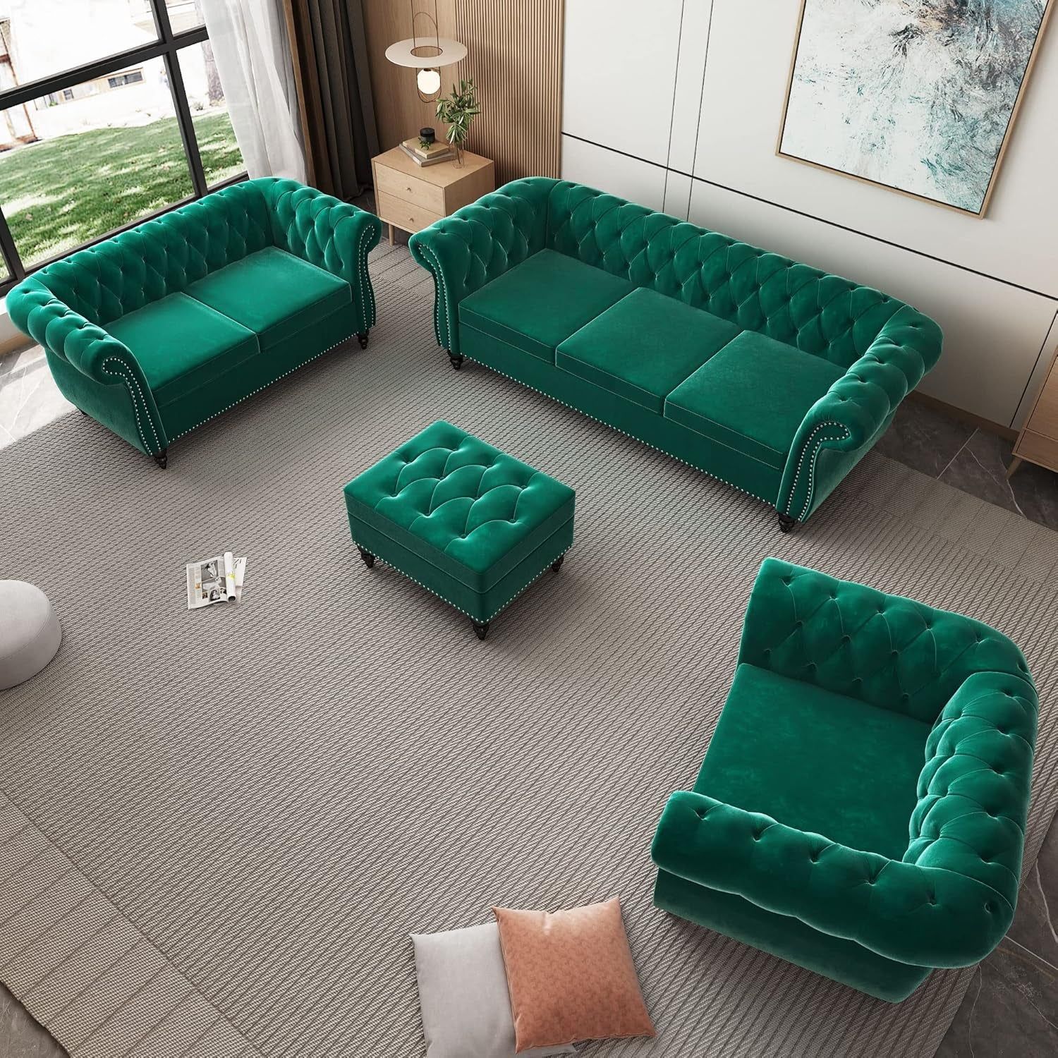 3-Piece Living Room Sectional Sofa Set, Green Velvet Couch Upholstered Sofa Modern Sofa Couches Set Style Button Tufted, Velvet Chesterfield Sofa for Living Room Apartment, 1+2+3 Seat Green
