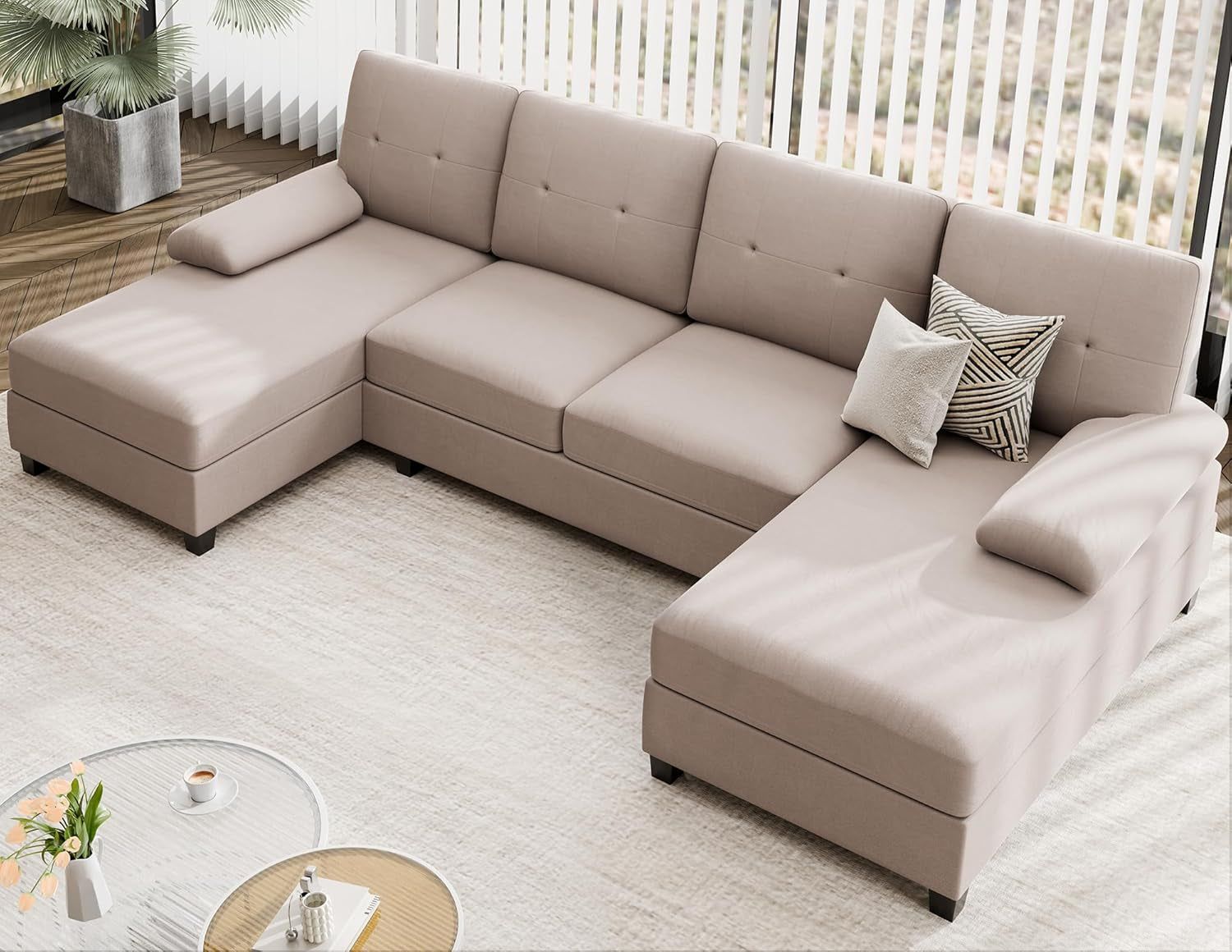 Sectional Sofa Couches for Living Room, U Shaped Sofa Living Room Furniture Sets, 4 Seat U Shaped Sofa Sectional Couch with Chaise, Dark Beige
