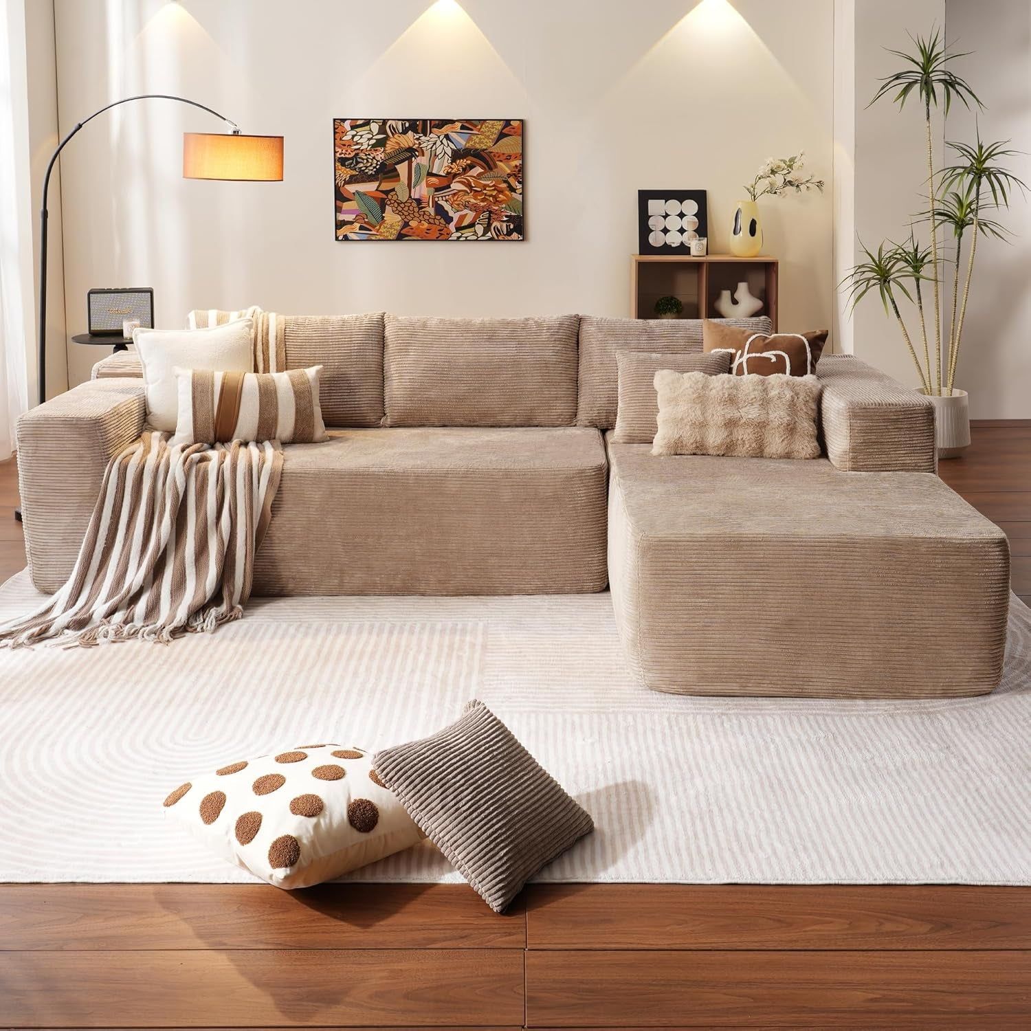 104&quot; Cloud Sectionl Couch with L-Shpe Chise,Modern Modulr Sof with Deep Set, Upholstered Couches for Living Room Bedroom,No ssembly Required, Cmel (Corduroy Fbric)