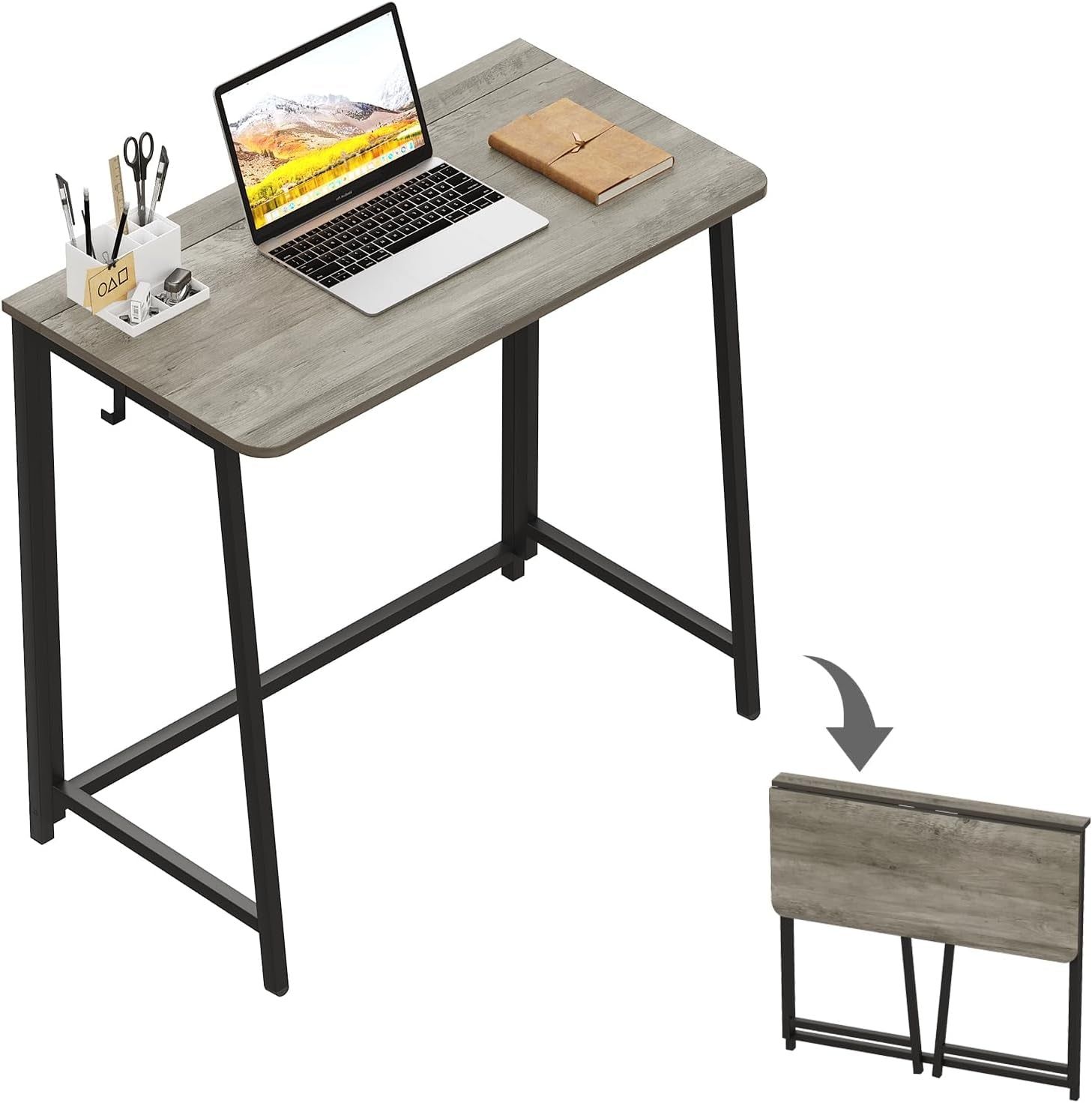 Folding Desk, Small Foldable Desk 31.5&quot; for Small Spaces, Space Saving Computer Table Writing Workstation for Home Office, Easy Assembly, Gray-Wash