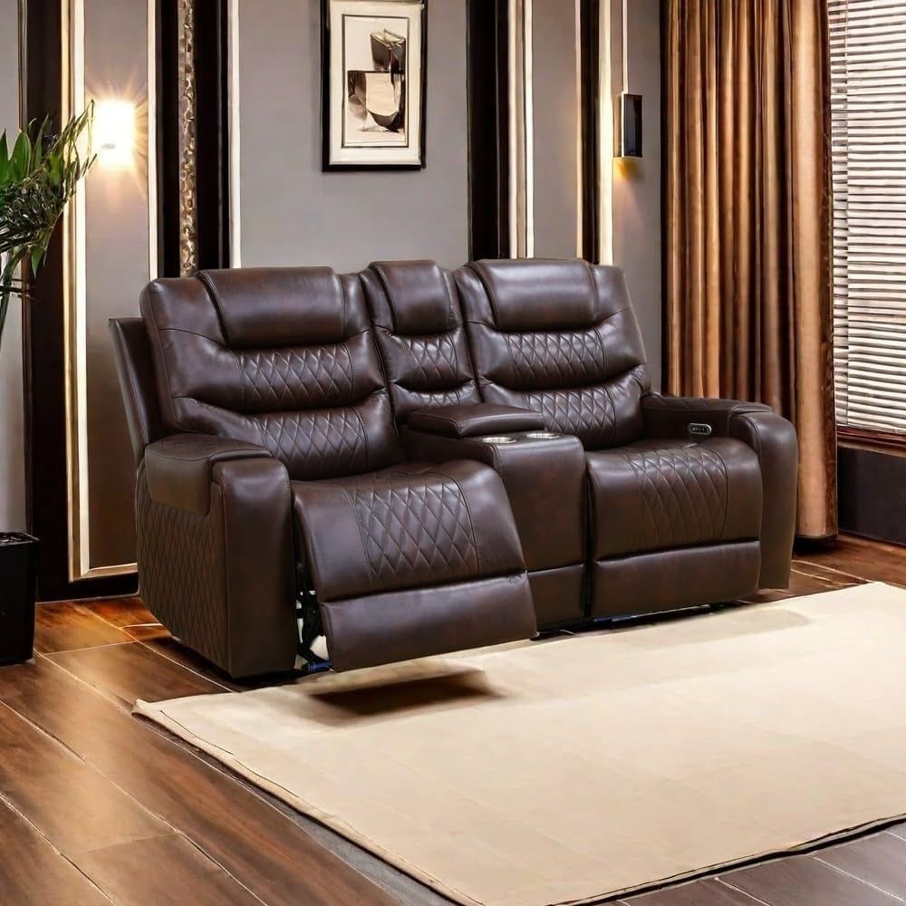 LED Power Recliner Sofa for Living Room Furniture Set, Leather Sectional Sofa Set, Reclining Sofa and Loveseat with USB Port/Storage Console/Cup Holders(Dark Brown Loveseat)