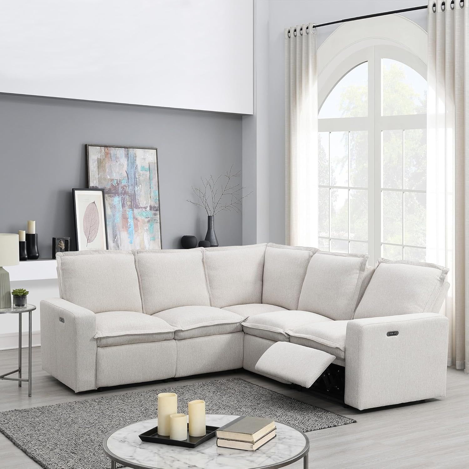 L-Shaped Sectional Sofa 5-Seat Convertible Sofa with Power Recliner Chair and USB Port Linen Fabric Upholstered Couch Modern Large Cloud Couch for Living Room (Beige)