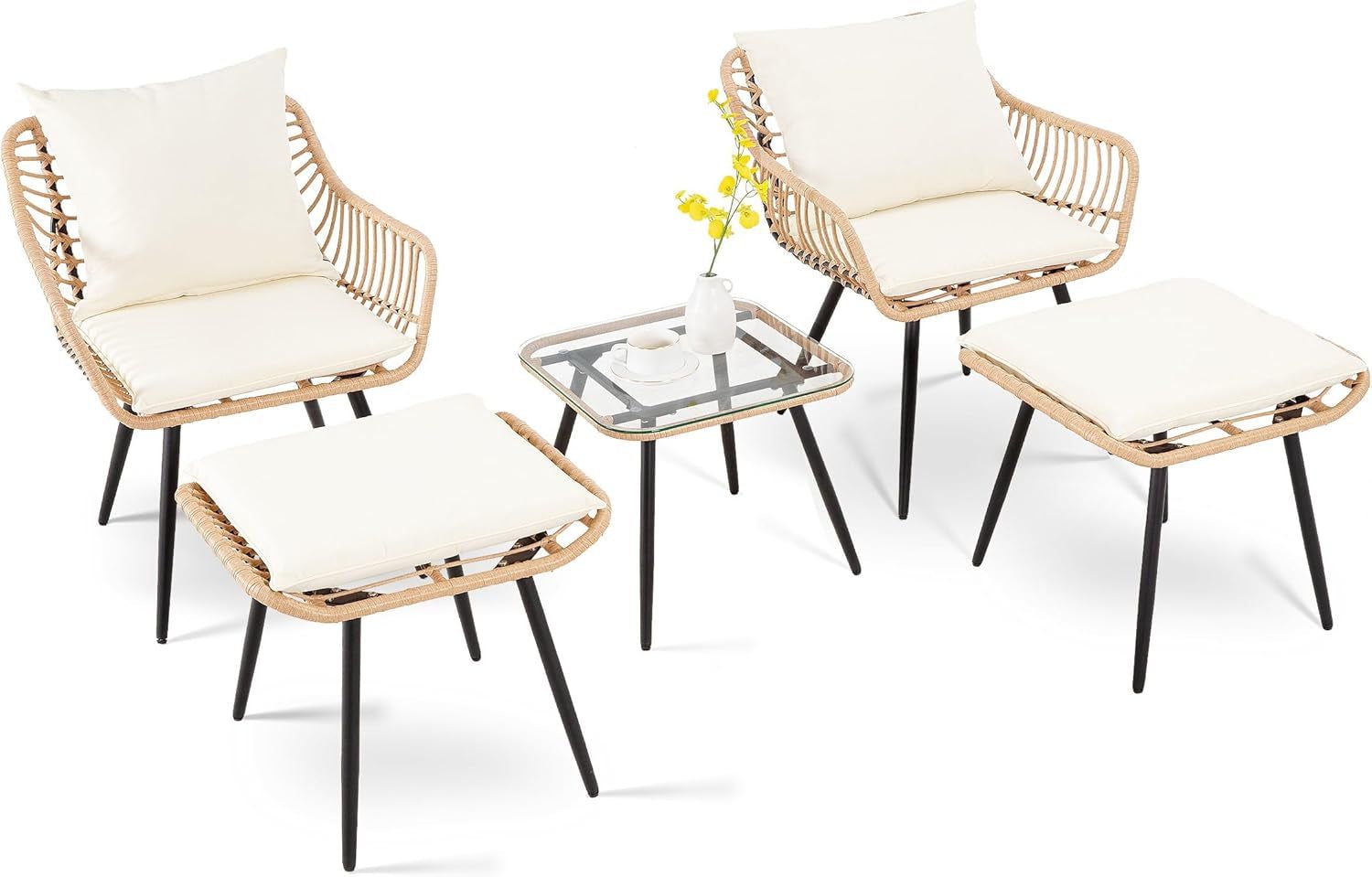 5 Pieces Patio Conversation Bistro Set, Outdoor Wicker with Ottoman,Table &amp; Cushions,All-Weather Wicker Furniture Set for Porch, Backyard, Balcony, Garden