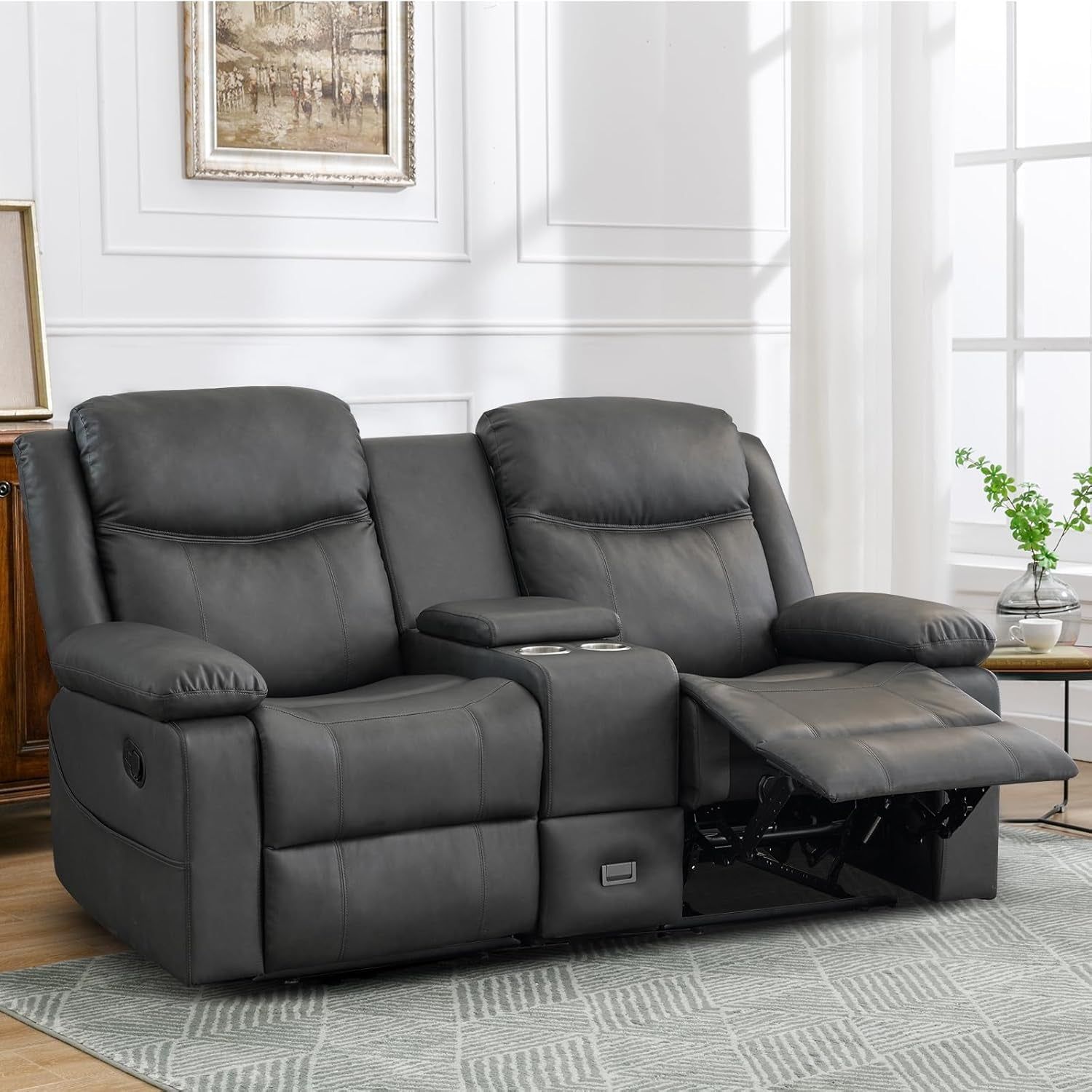 Loveseat Recliner, Reclining Loveseat with Console, Double Reclining Loveseat, 2 Seater Manual Reclining Couch for Living Room, Office, Home Theater(Pu-Grey)