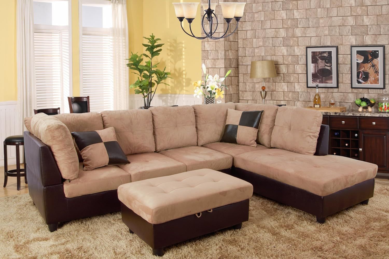 3-Piece Contemporary Sectional Sofa with Chaise and Storage Ottoman for Living Room Furniture | Faux Leather &amp; Microfiber Upholstery | Removable High Density Memory Foam Cushions (Beige,Right-Facing)