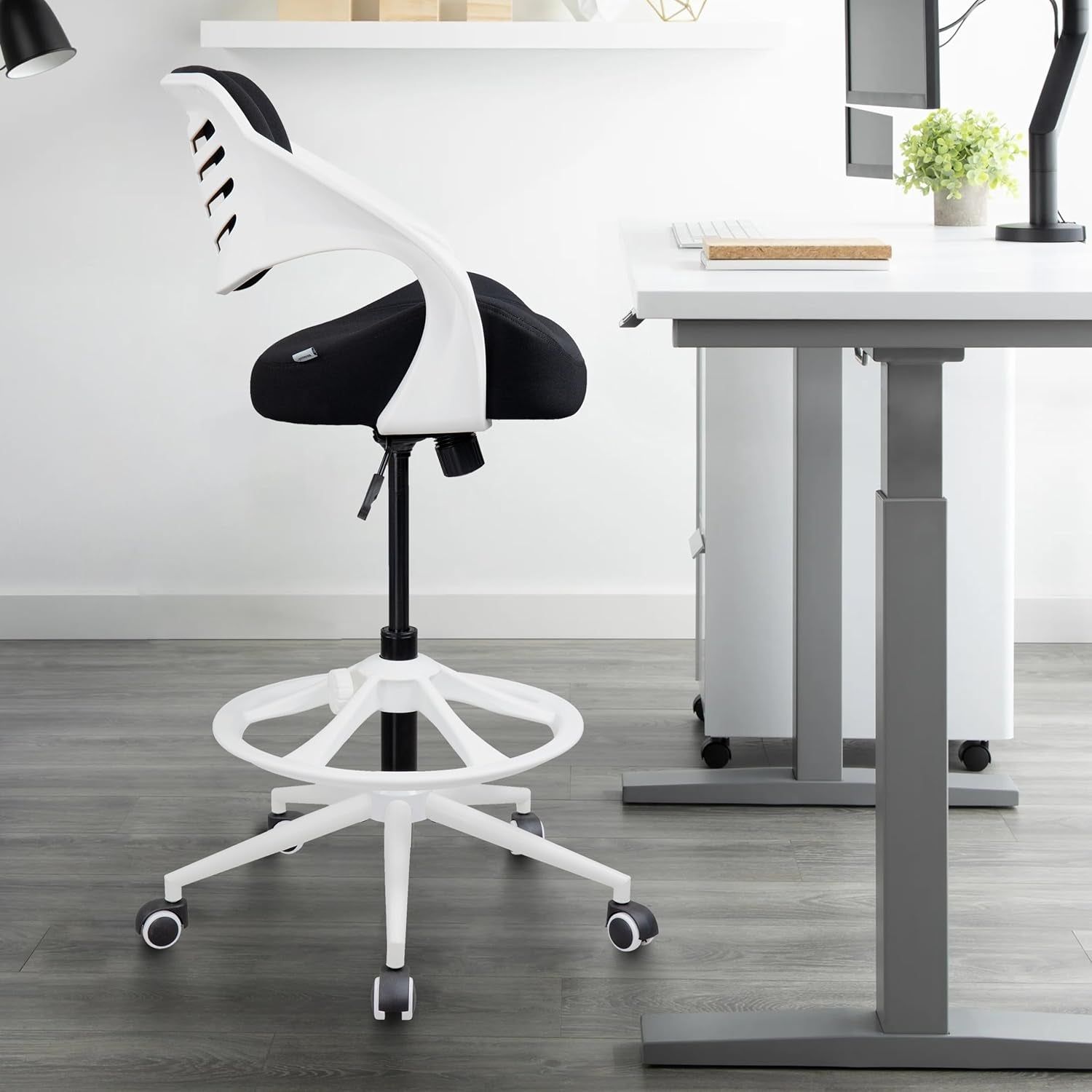 Ergonomic Drafting Chair,Standing Computer Desk Chair,Foot Ring,Lumbar Support,Swivel Task Chair -Black