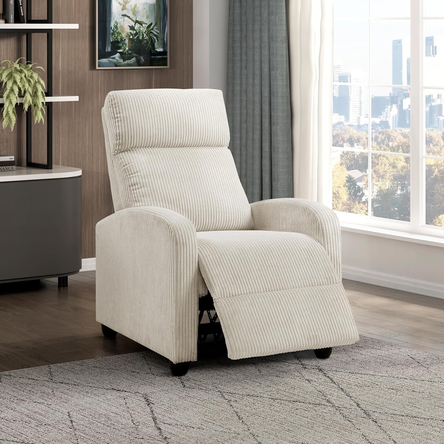 Pushback Recliner Chair Armchair Push Back Recliner, Corduroy Chair with Solid Wood Frame and Metal Seat Base, Single Sofa Accent Chair for Living Room/Office/Apartment, Beige