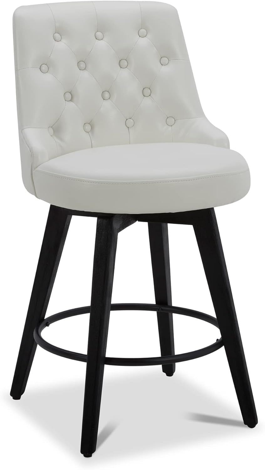 Counter Height Bar Stools, Faux Leather Upholstered Modern Swivel Barstool with Back, Solid Wood Legs, 26&quot; H Seat, White