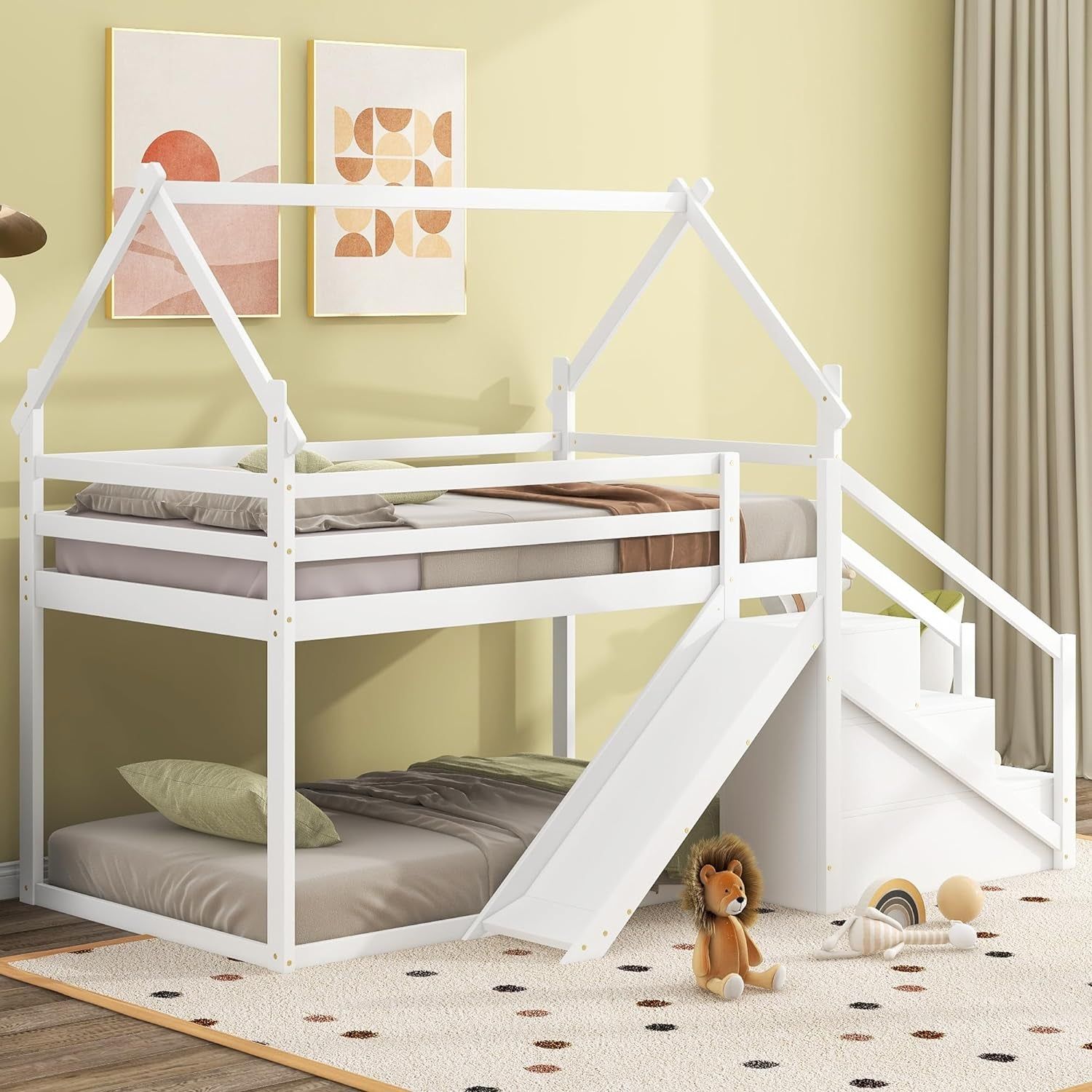 House Shaped Junior Bunk Bed Frame Twin over Twin with Slide and Storage Stairs, Wood Low Bunkbed with Full-Length Guardrails and Roof Design for Teens, Boys, Girls, No Box Spring Needed, White