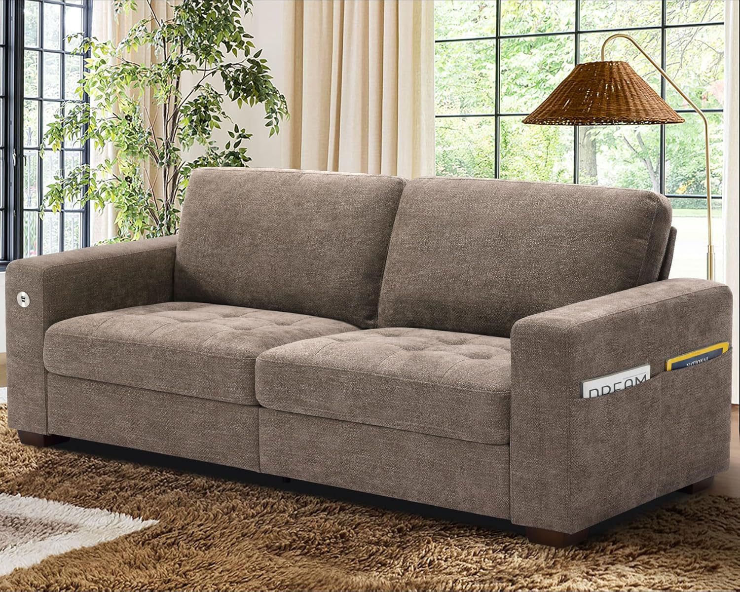 Sofas for Living Room, Chenille Loveseat Couch Set, Small Sofa, 3 Seater Sofa, USB Charging, Removable Sofa Cover,Solid Wood Frame, Easy to Install(89Inch,Brown)