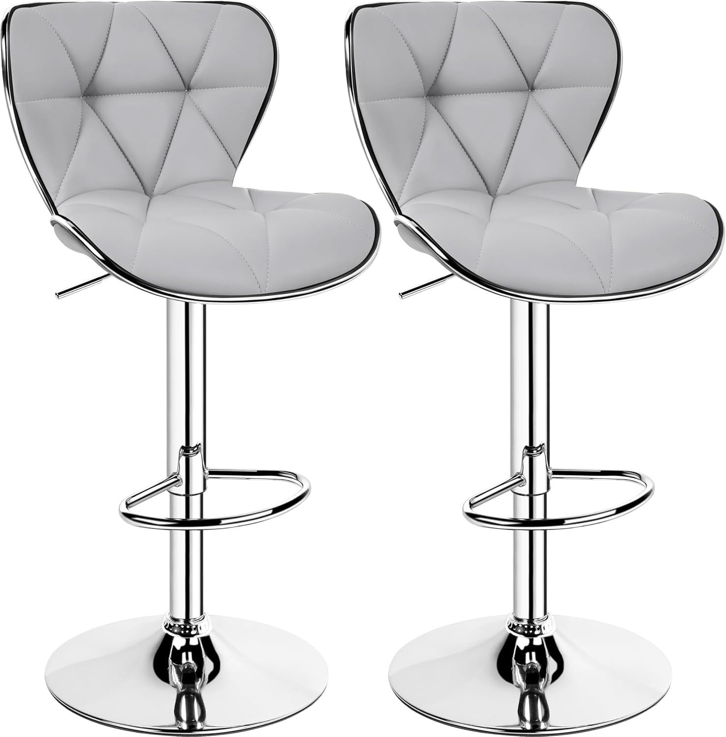 Bar Stools Set of 2, PU Leather Swivel Adjustable Barstools with Shell Back, Bar Chairs with Foma Padded for Home, Kitchen, Light Grey