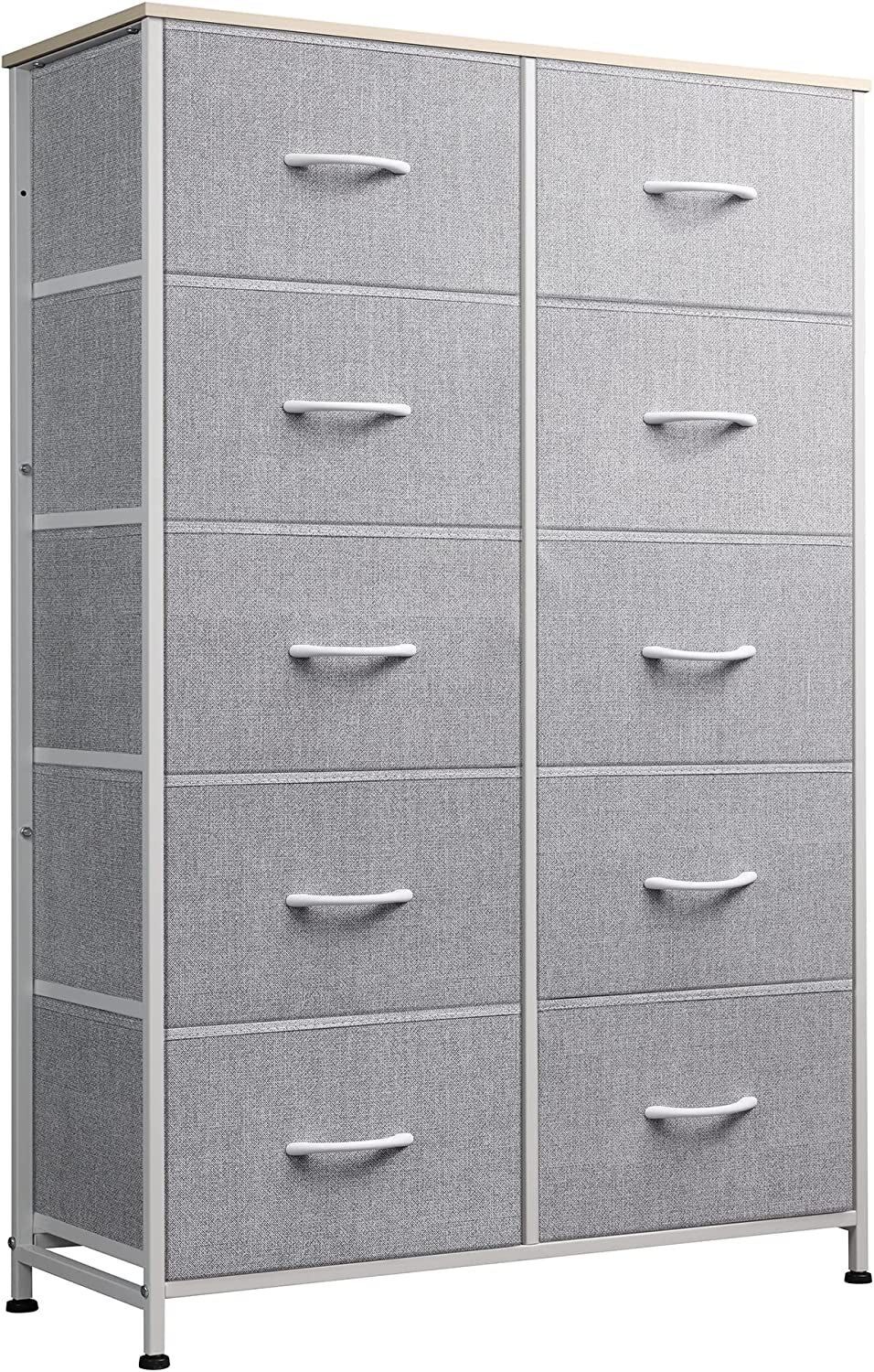 Tall Dresser for Bedroom with 10 Drawers, Chest of Drawers, Dressers Bedroom Furniture, Storage Organizer Unit with Fabric Bins for Closet, Hallway, Living Room, Entryway, Light Grey