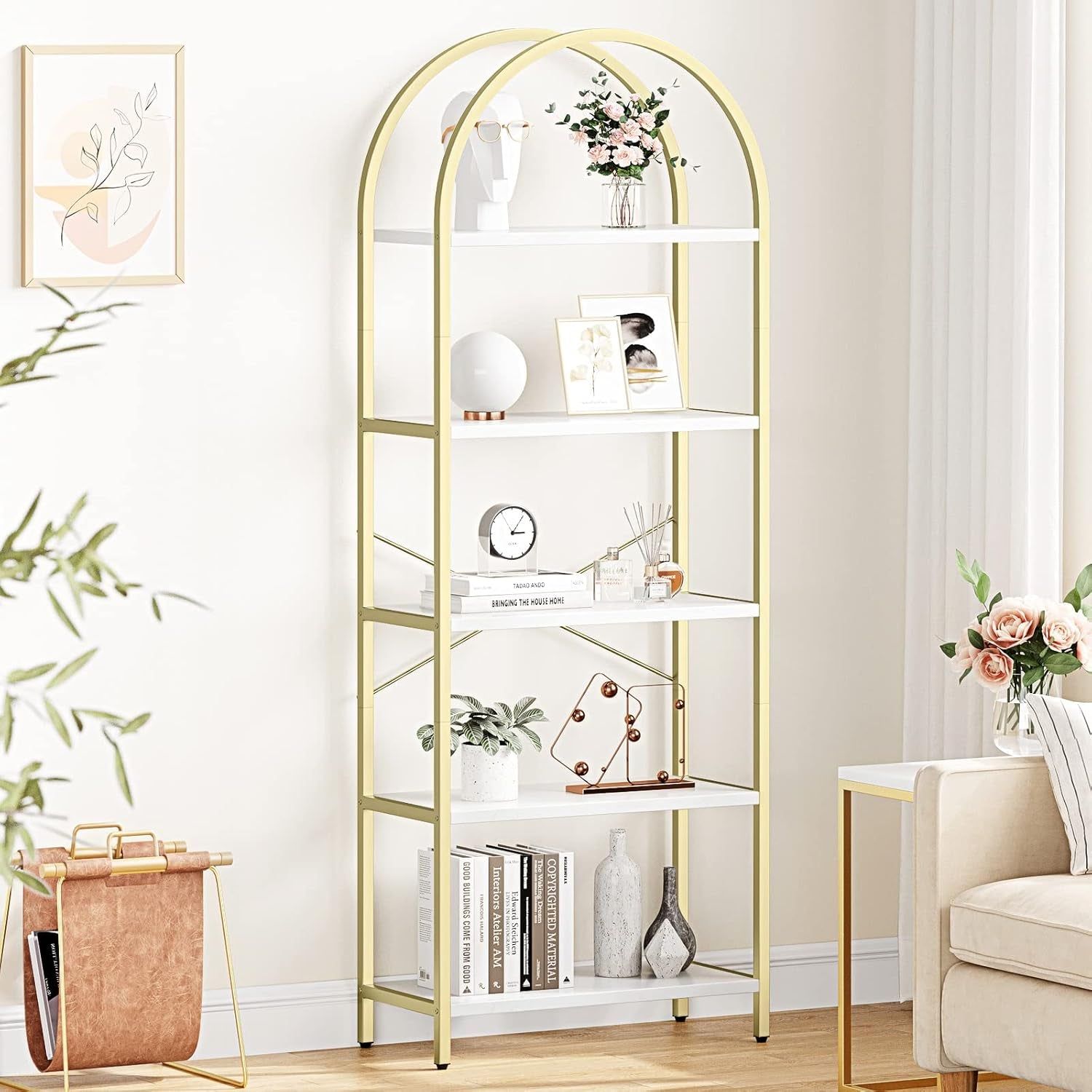 Bookshelf 5 Tier Bookcase Arched Display Racks Tall Standing Bookshelves Metal Frame Modern Storage Rack Shelf Large Wood Book Shelf for Bedroom, Living Room, Home Office, White/Gold