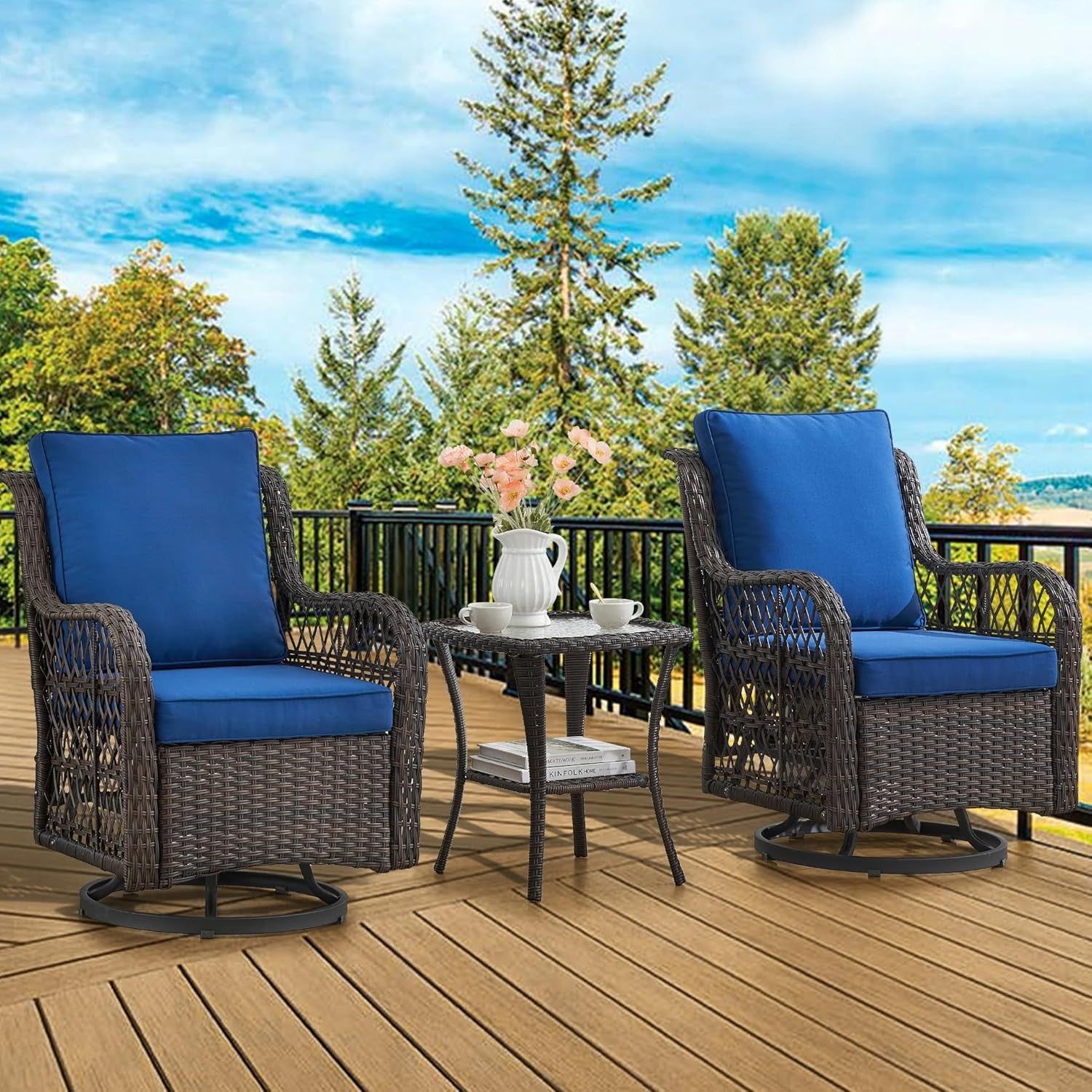 3 Piece Outdoor Patio Set, Wicker Rocking Bistro Set with 2 Swivel Chairs &amp; Tempered Glass Top Table, Rattan Outdoor Furniture with Cushions for Patio Porch Backyard
