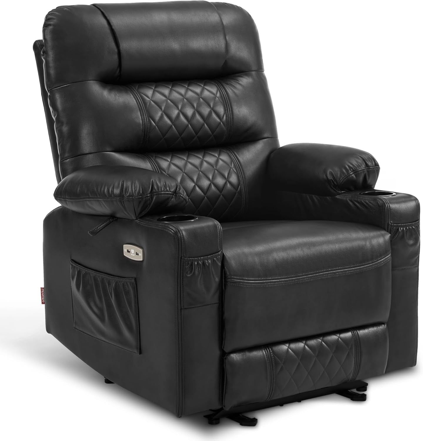 Power Recliner Chair, Electric Reclining with Heat and Vibration for Adult, Cup Holder, USB Port, Extended Footrest, Faux Leather, Living Room, PR621 (Black)