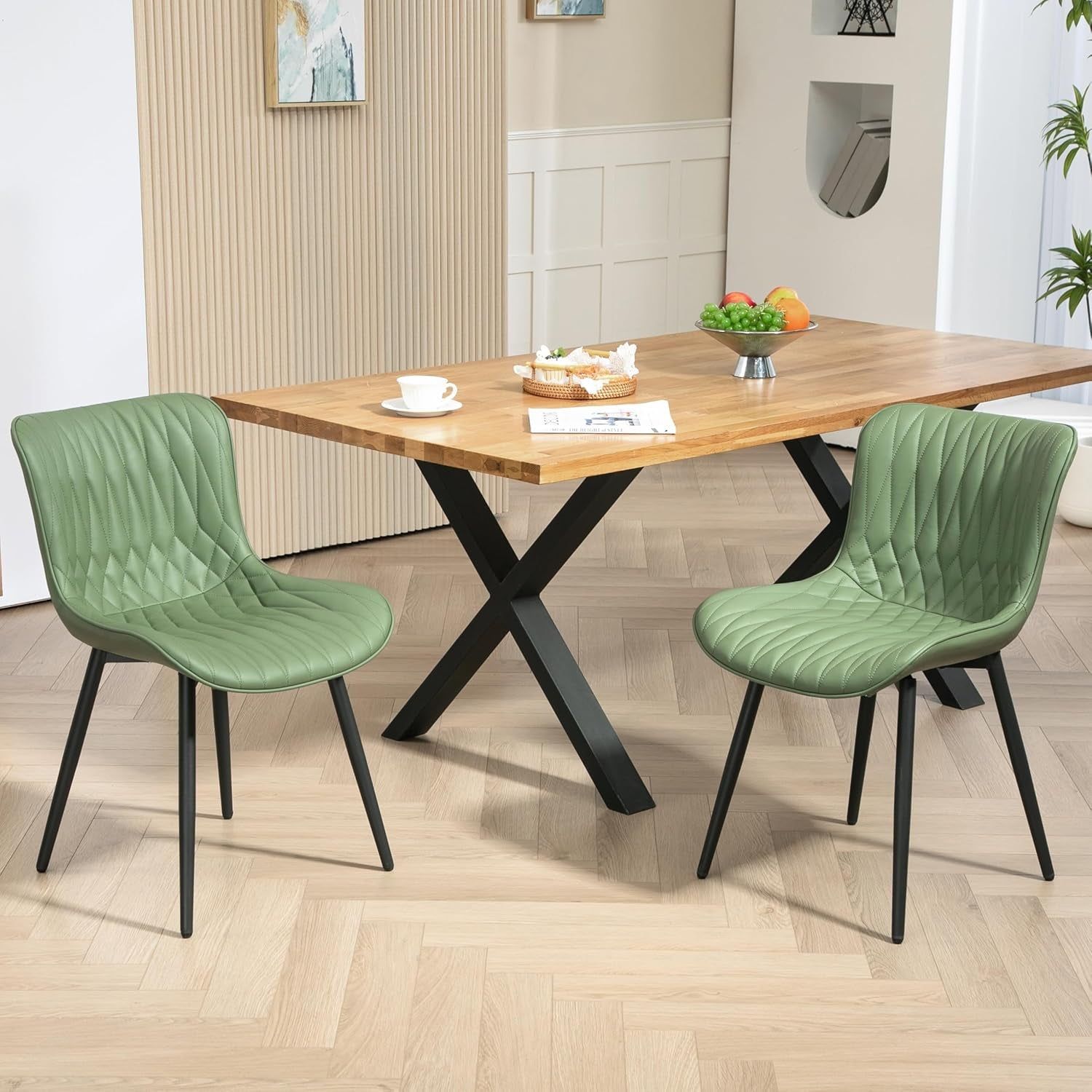 Dining Chairs Set of 2, Mid-Century Modern Upholstered Dining Chairs, Armless Faux Leather Accent Chairs with Backrest, Living Dining Room Chairs with Metal Legs for Dining Room, Green