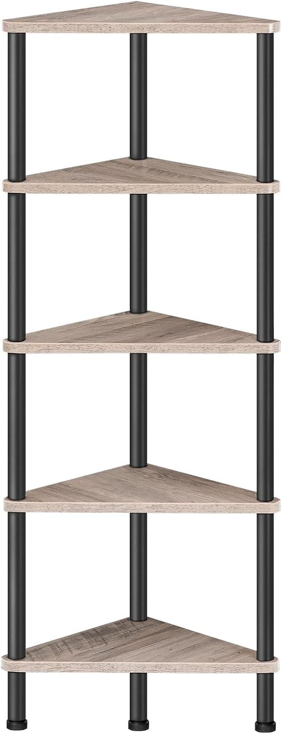 Corner Shelf Stand, Industrial 5-Tier Corner Bookshelf with Metal Frame, Corner Shelf Stand Display Plant Flower, Corner Bookcase for Small Spaces, Living Room, Greige and Black BG33CJ01