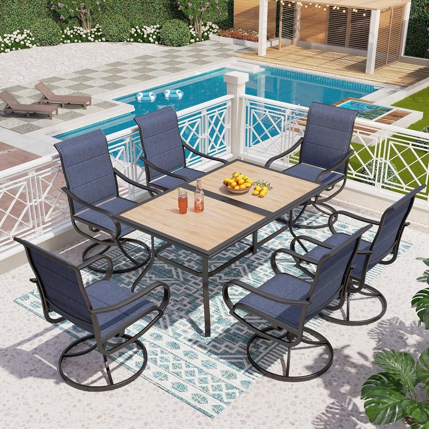 7 Piece Patio Dining Set, 6 Swivel Patio Chairs with Padded Textilene Fabric &amp; Rectangular Dining Table (1.6&quot; Umbrella Hole), All Weather Patio Chairs and Table Set for Deck Lawn (Blue)