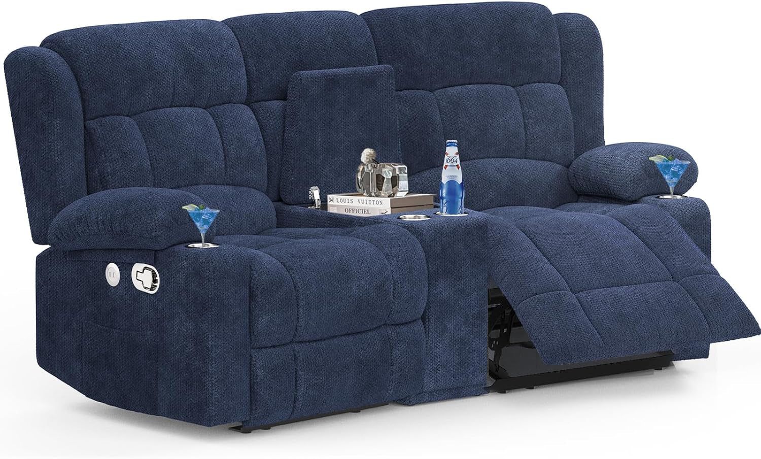 Loveseat Recliner Sofa, 2 Seater Curved Sofa for Living Room, Reclining Loveseat Sofa with Storage Console, Fabric Manual Pull Tab Reclining Loveseat with USB Charge Ports, Cup Holders (Blue)