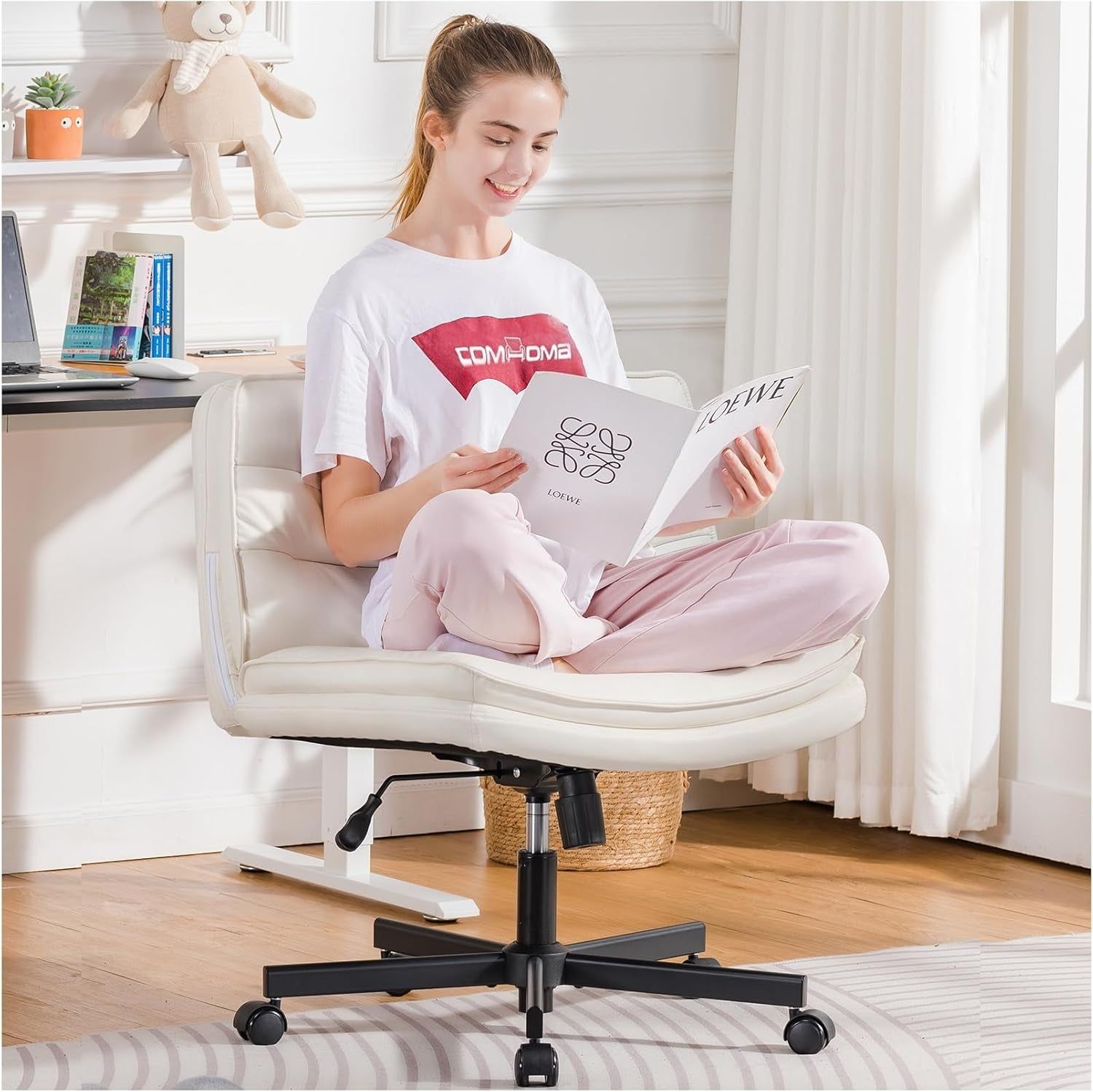Criss Cross Chair with Wheels, Armless Wide Cross Legged Office Chair Mid Back, Modern Home Office Desk Chair Swivel Adjustable Vanity Computer Chair, Beige