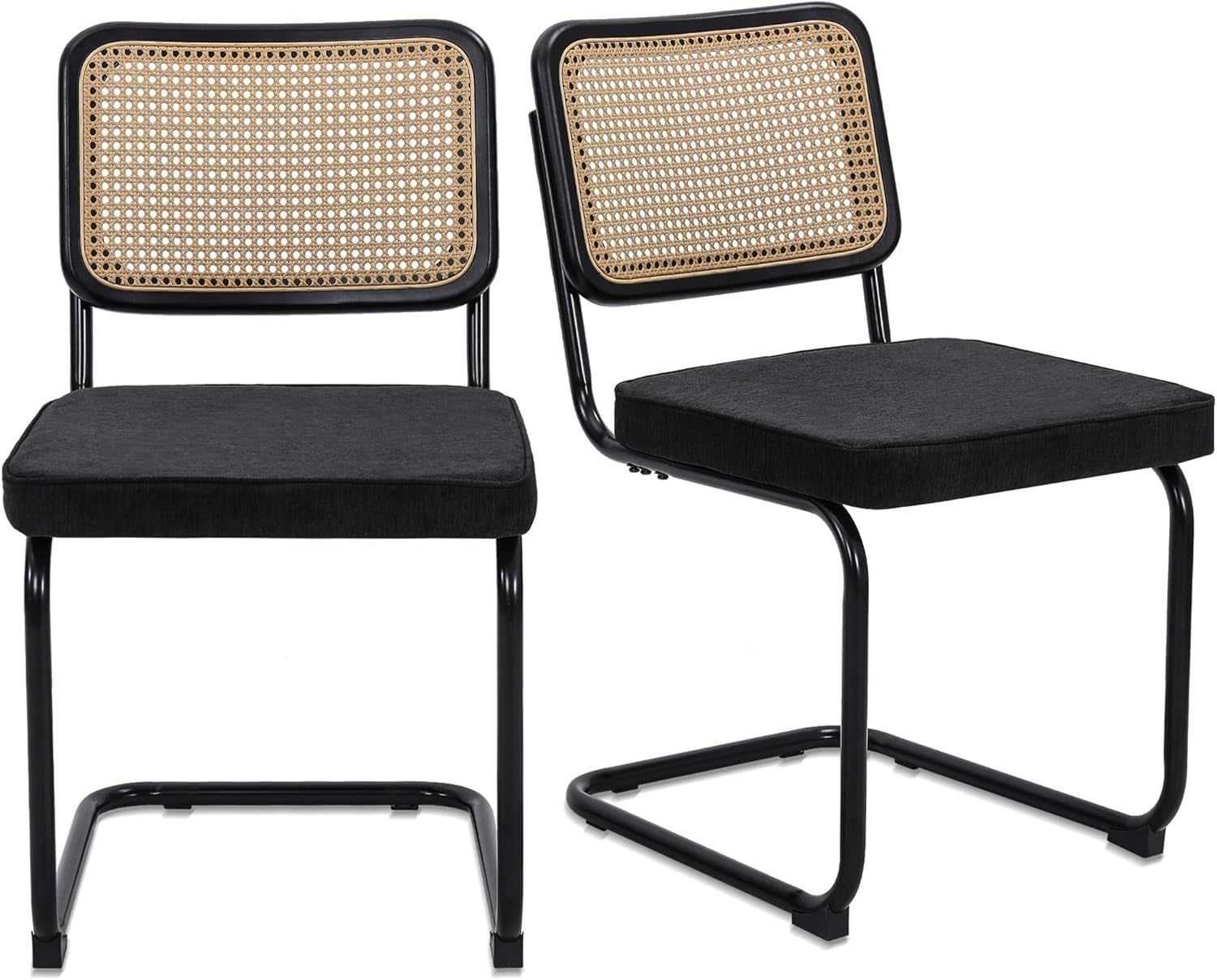 Modern Cesca Cane Dining Chairs, Set of 2, Handwoven Rattan Cane Back, Chrome Base, Upholstered Cotton Seat, Ideal for Kitchen or Dining Room, Black