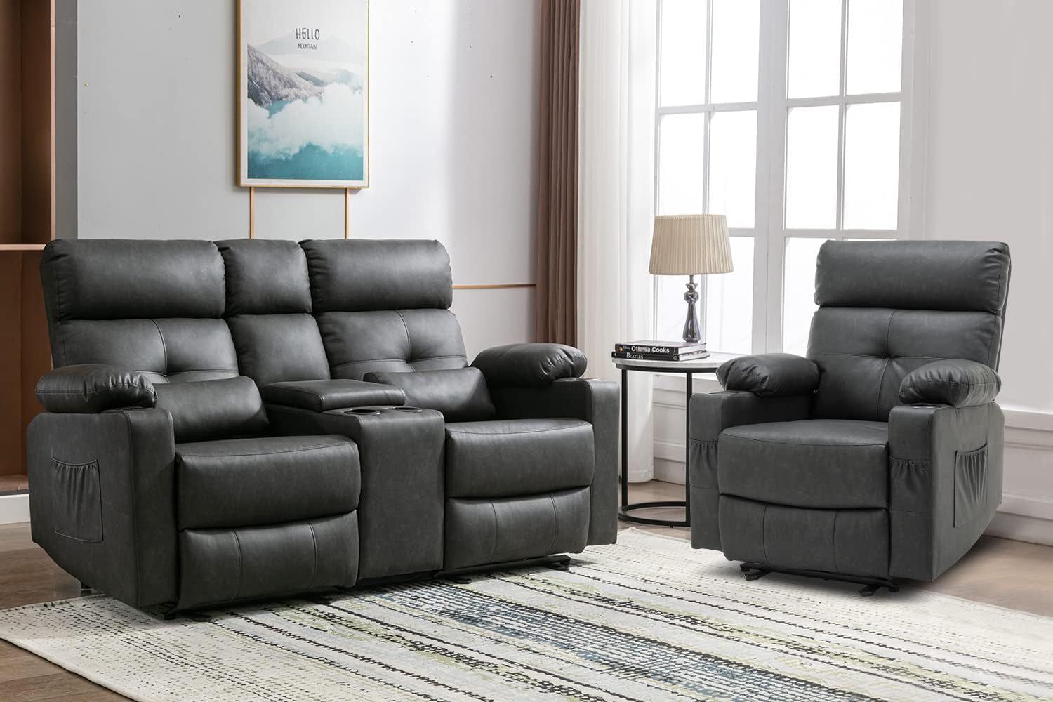 Power Recliner Sofa Set, 2 Pieces Recliner Furniture Sofa Set, Power Reclining Loveseat with Massage and Heat, Loveseat Recliner Sofa with Center Console &amp; Cup Houlders for Living Room