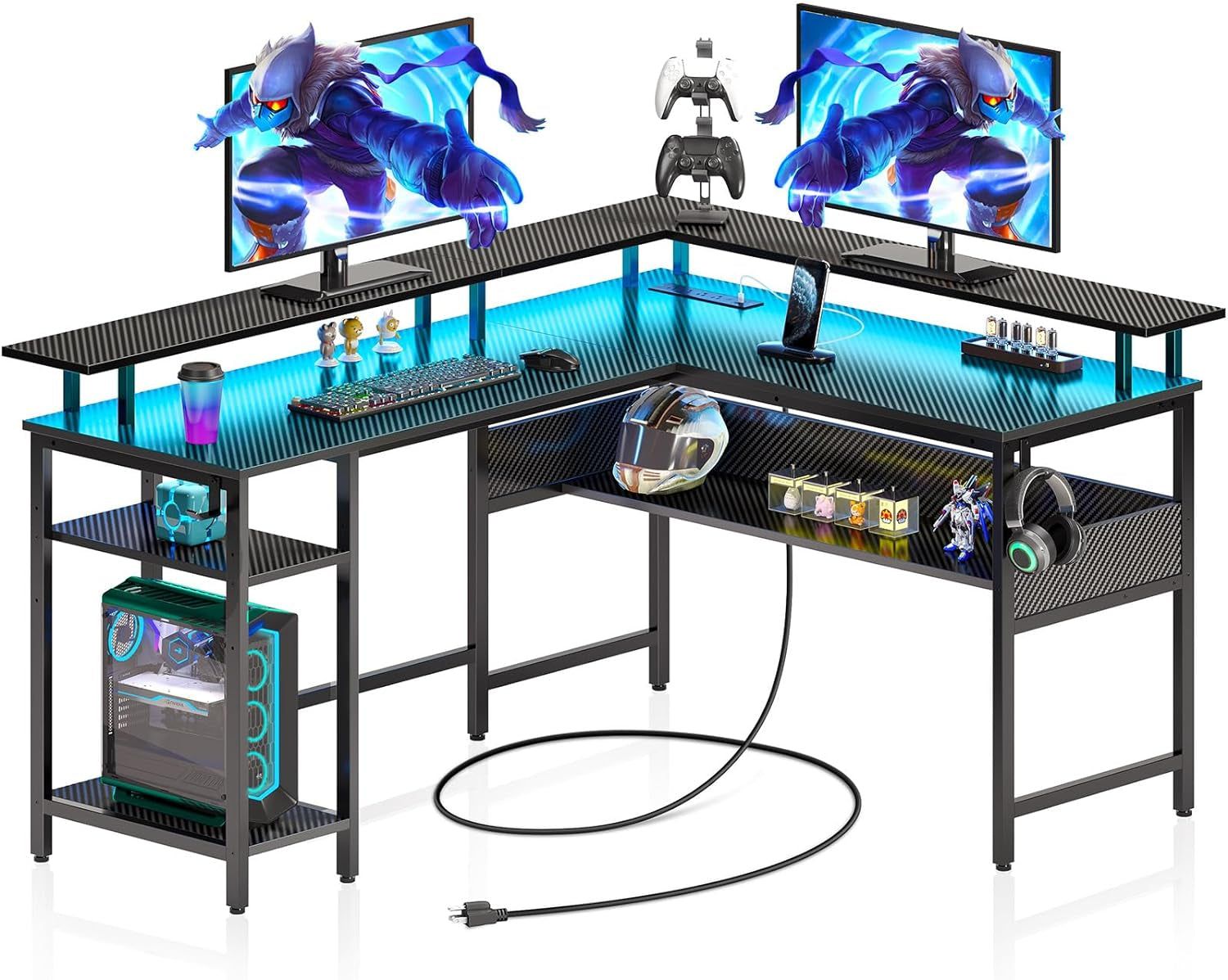 Computer Desk 56.7&quot; with LED Lights and Power Outlets, Carbon Fiber Surface, Reversible L Shaped Gaming Desk with Monitor Stand, Office Desk with Storage, Desk with USB Port and Hook