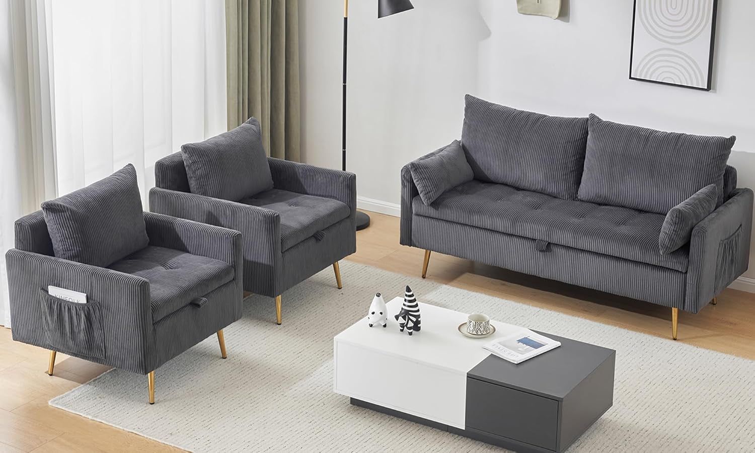 3-Piece Storage Sofa and Couch Set, Corduroy Loveseat with 2Pc Accent Single Chairs, Small Living Room Furniture Set for Apartment, Tiny Homes and Lofts, 3Pc-Gray