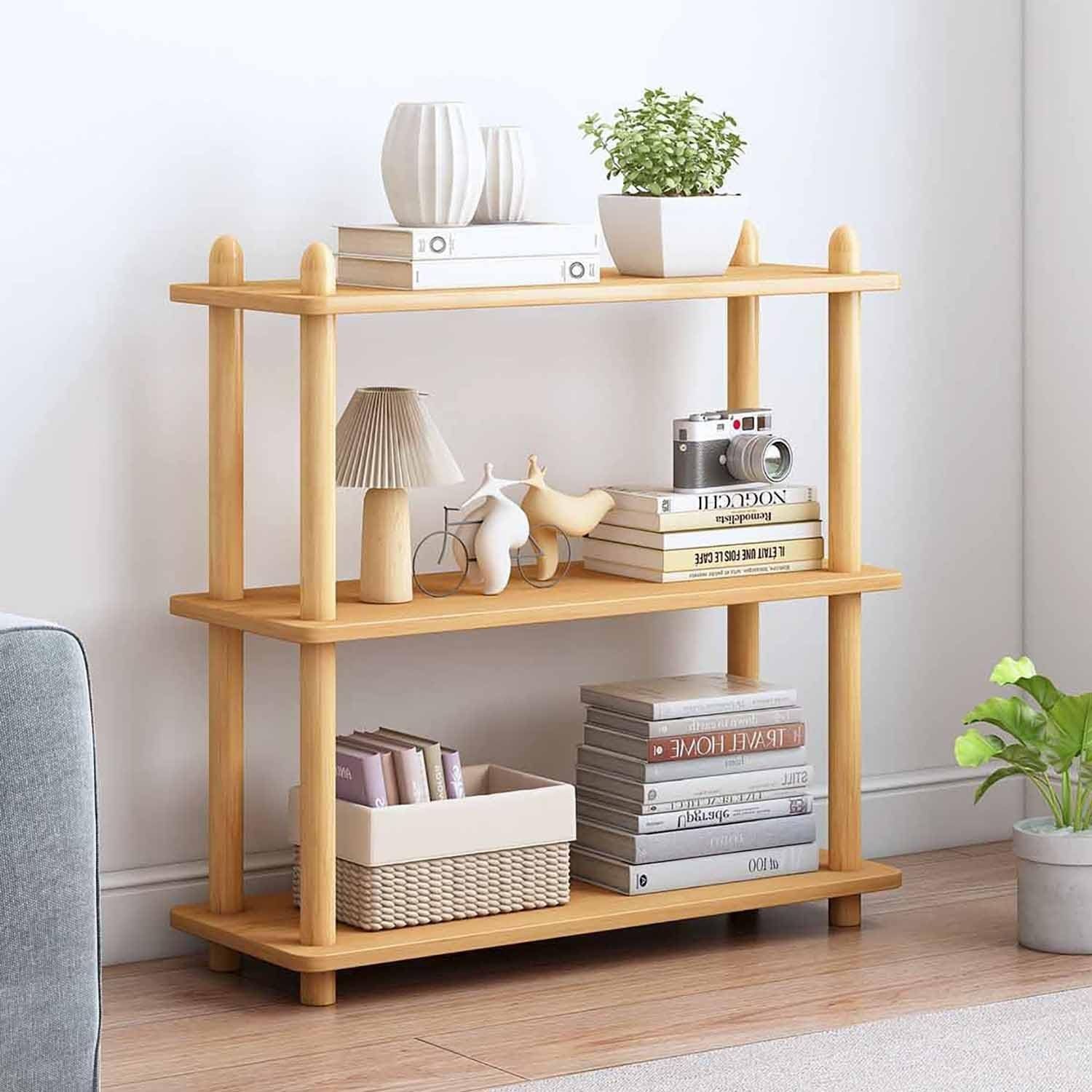 3-Tier Wooden Shelf Bookcase - Modern Open Bookshelf, Free Standing Storage Rack, Multifunctional Display Stand for Home and Office, Oak, Rectangle