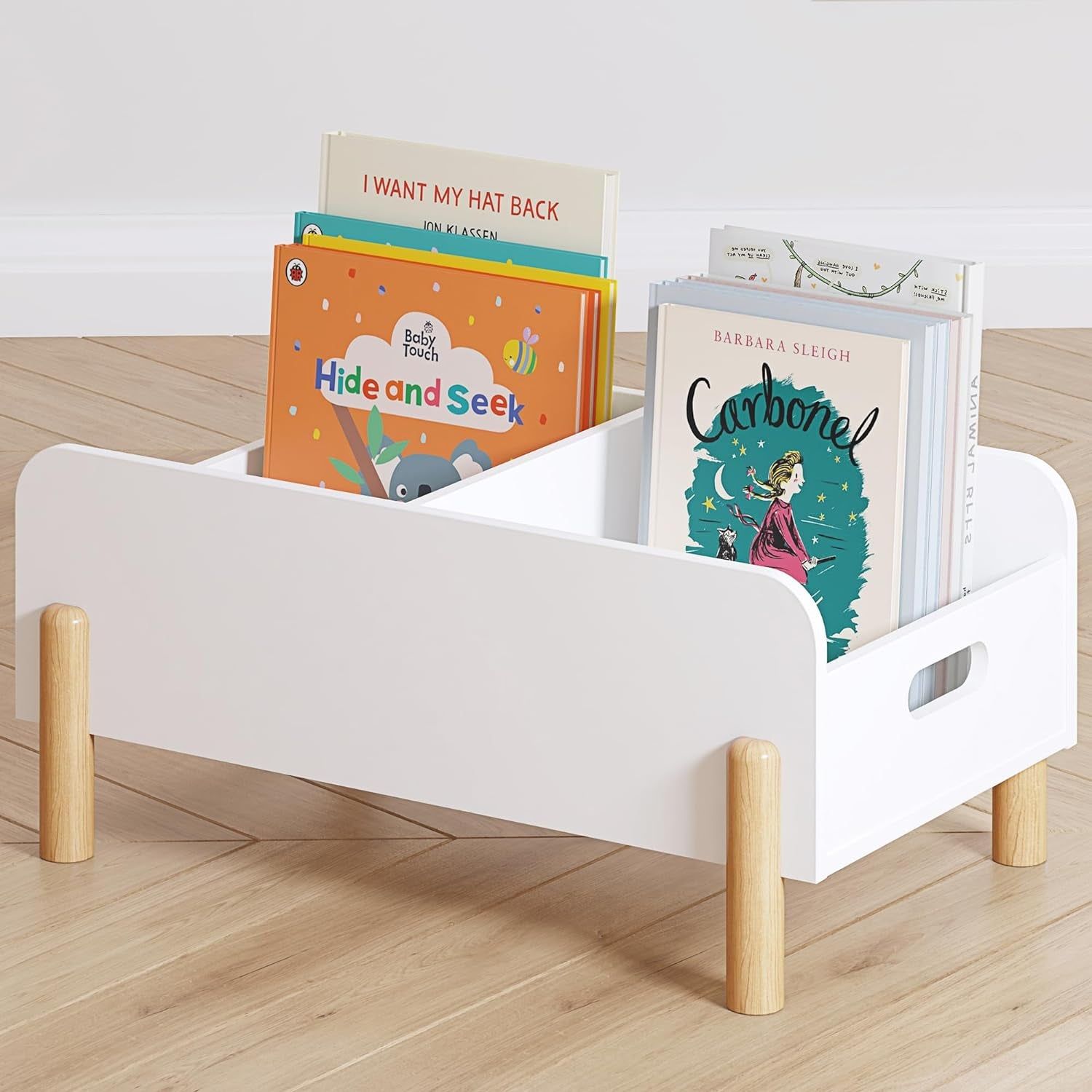 Montessori Bookshelf for Toddlers, Wooden Book Caddy with Adjustable Divider, Floor Book Display, Toddler Book Rack, Kids Bookcase for Classroom Kids Room Nursery