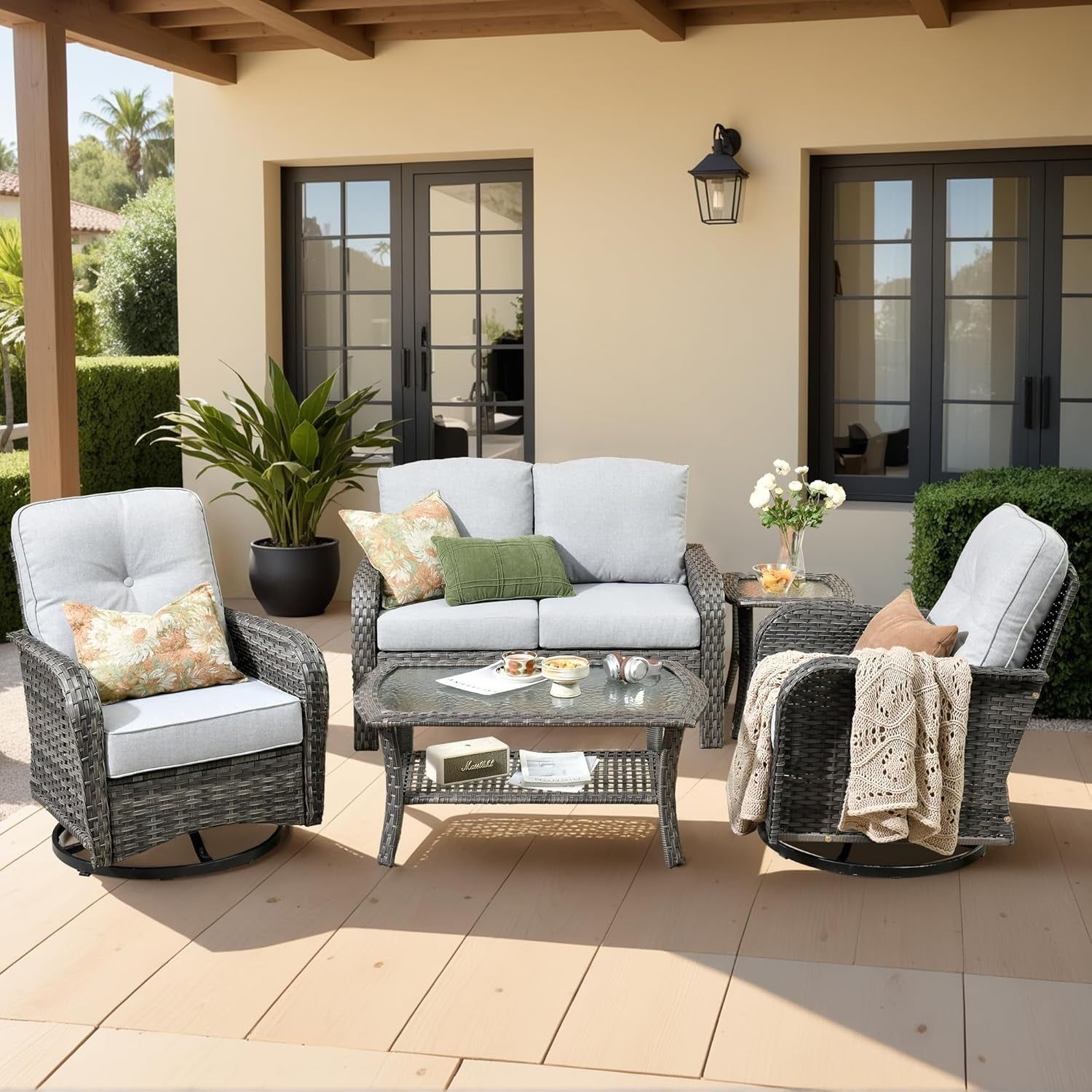 icker Patio Furniture Set with Swivel Rocker Chairs Outdoor Loveseat Sofa and Rattan Coffee Table, 5 Pieces Outdoor Conversation Sets for Patio Porch Deck Backyard Poolside, Light Gray