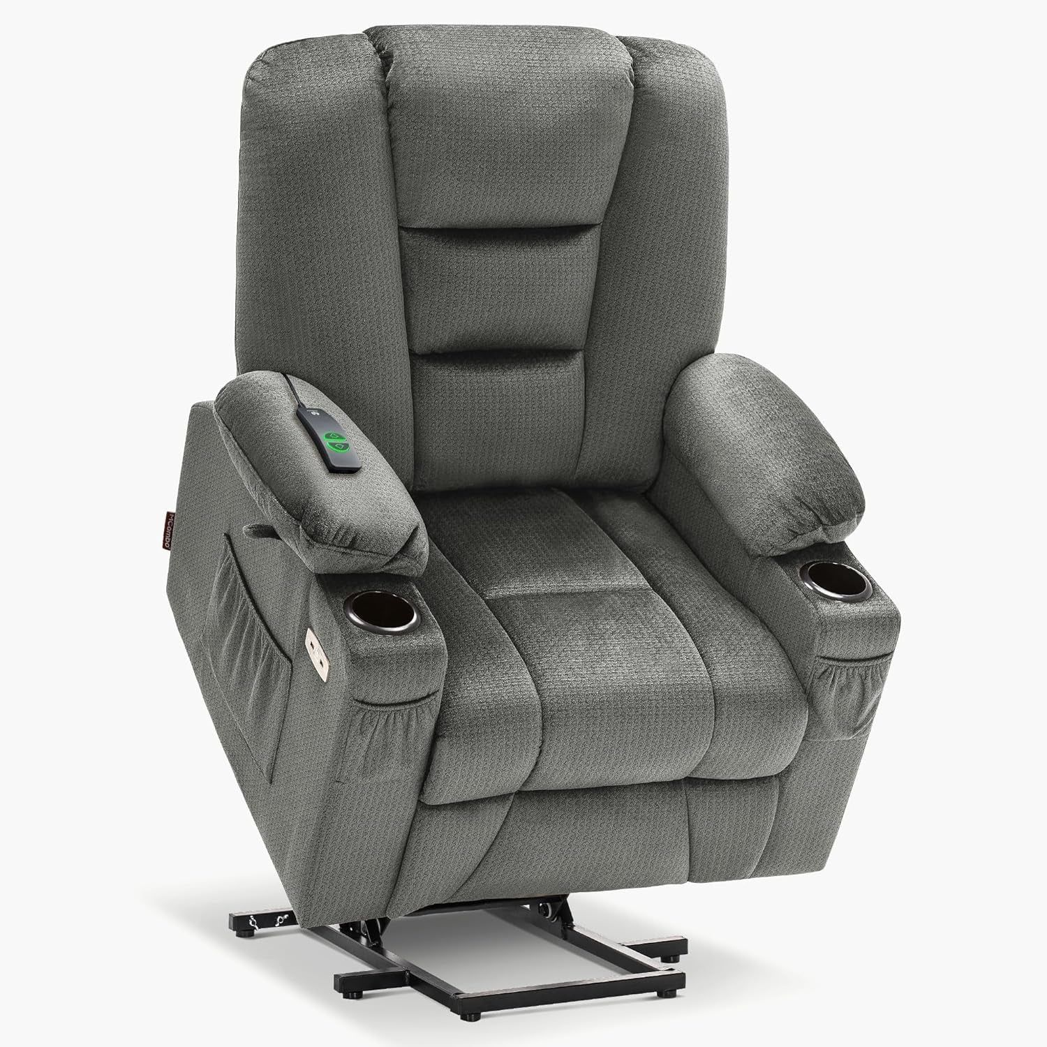 Power Lift Recliner Chair with Massage and Heat for Elderly People, Cup Holders, USB Ports, Side Pockets, Fabric 7529 (Medium, Grey)