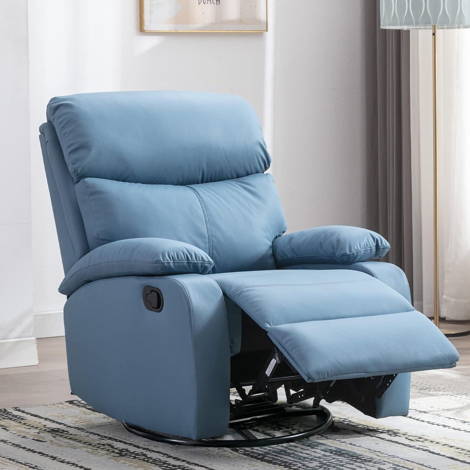Rocker Swivel Recliner Chair, Rocking Recliner Chair Made of Microfiber Technical Cloth, Manual Small Recliners for Small Spaces Reclining for Living Room, Blue