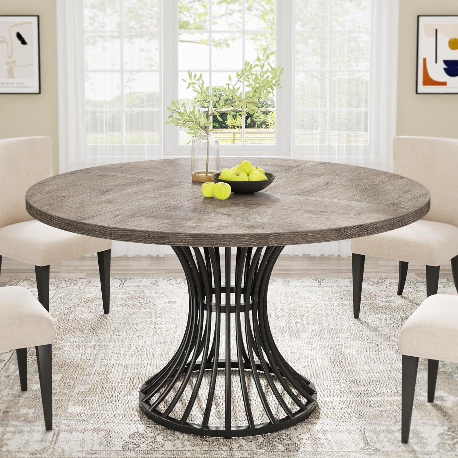 round Dining Table for 4-6 People, 47-Inch Farmhouse Dinning Room Table Circle Kitchen Table, Industrial Dinner Table with Metal Base for Kitchen, Living Room, Grey