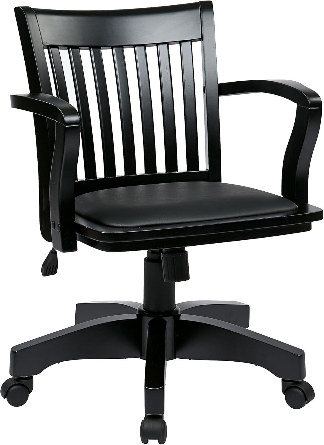 OSP Home Furnishings Deluxe Wood Banker&#39;S Desk Chair with Padded Seat, Adjustable Height and Locking Tilt, Black Finish and Black Vinyl