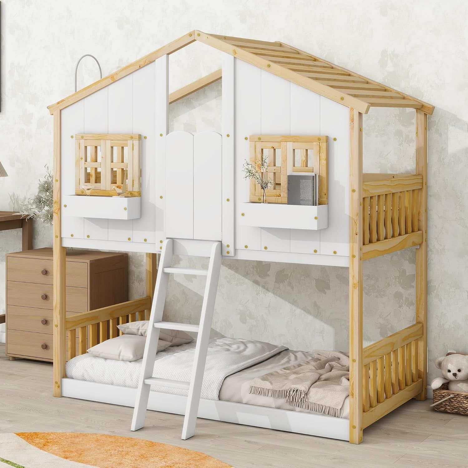 House Bunk Bed Twin over Twin for Kids, Wood Bunk Beds with Roof, Windows, Window Box and Small Door, Floor Bunk Beds with Ladder and Guard Rails for Girls Boys,Natural