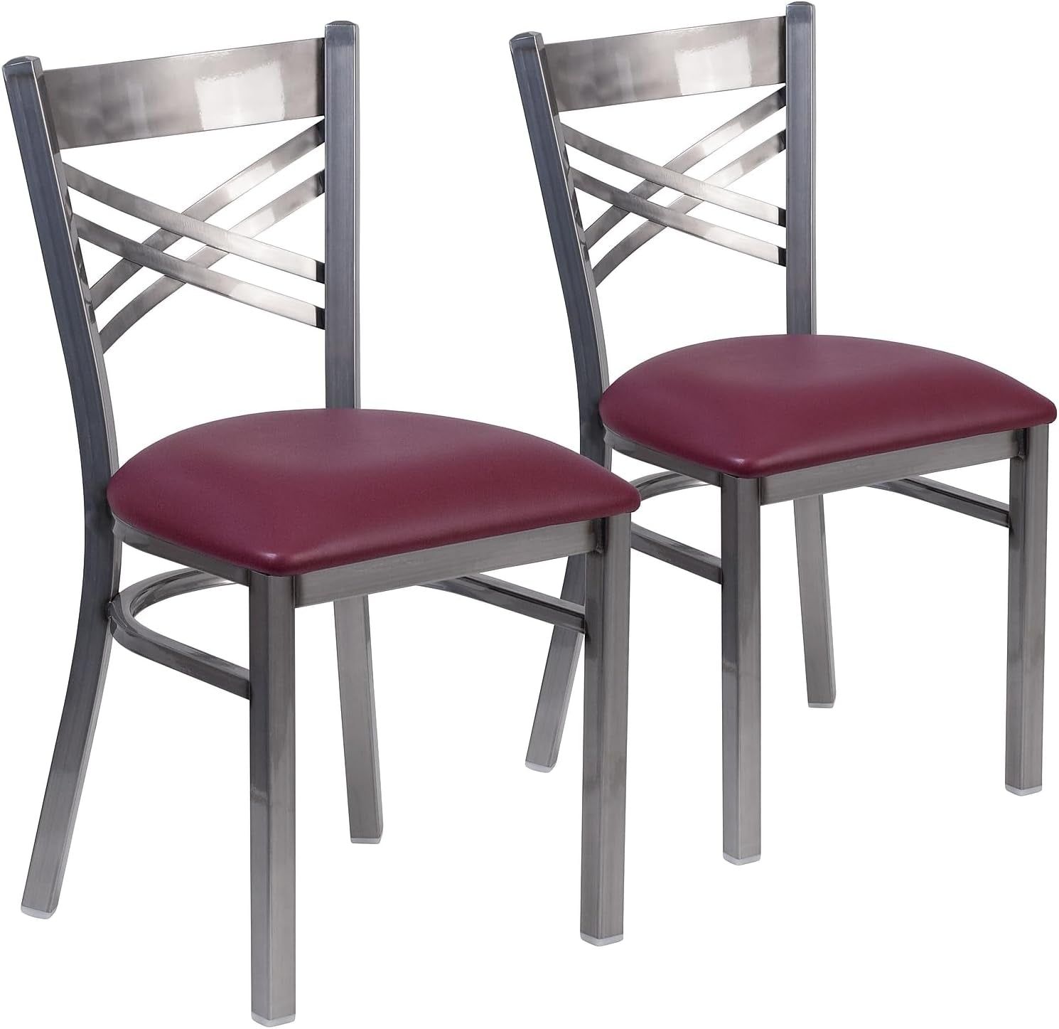 2 Pk. HERCULES Series Clear Coated &#39;&#39;X&#39;&#39; Back Metal Restaurant Chair - Burgundy Vinyl Seat