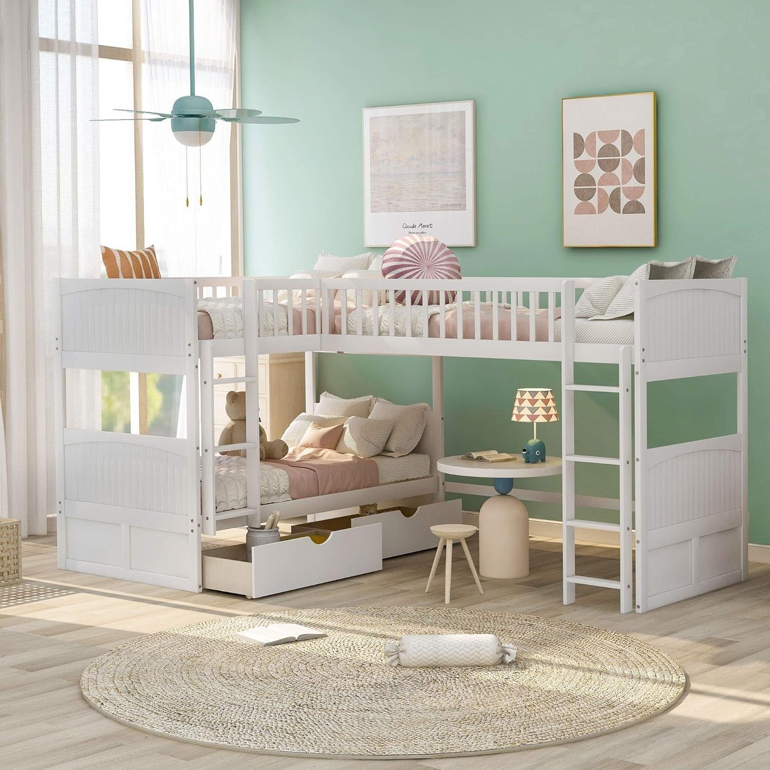 L Shaped Solid Wood Bunk Bed, Twin over Twin over Twin Bed with 2 Drawers and 2 Ladders, Twin Size Bunk Bed with a Loft Bed Attached, White