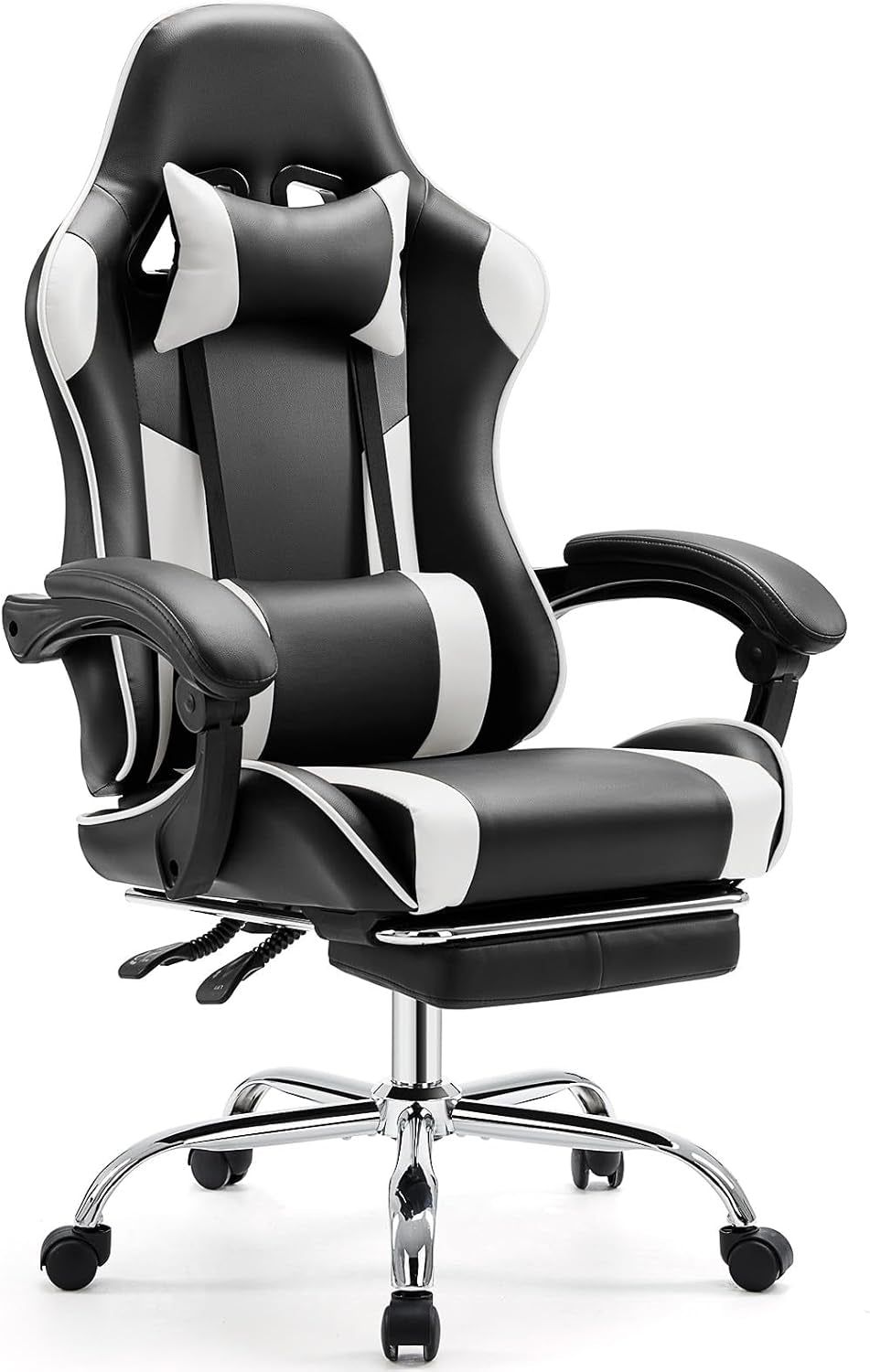Video Game Desk Chair - Ergonomic Computer with Footrest and Comfy Lumbar Support, PU Leather Recliner with Headrest, Fixed up Armrest, Height Adjustable with 360° Swivel, White, Adults